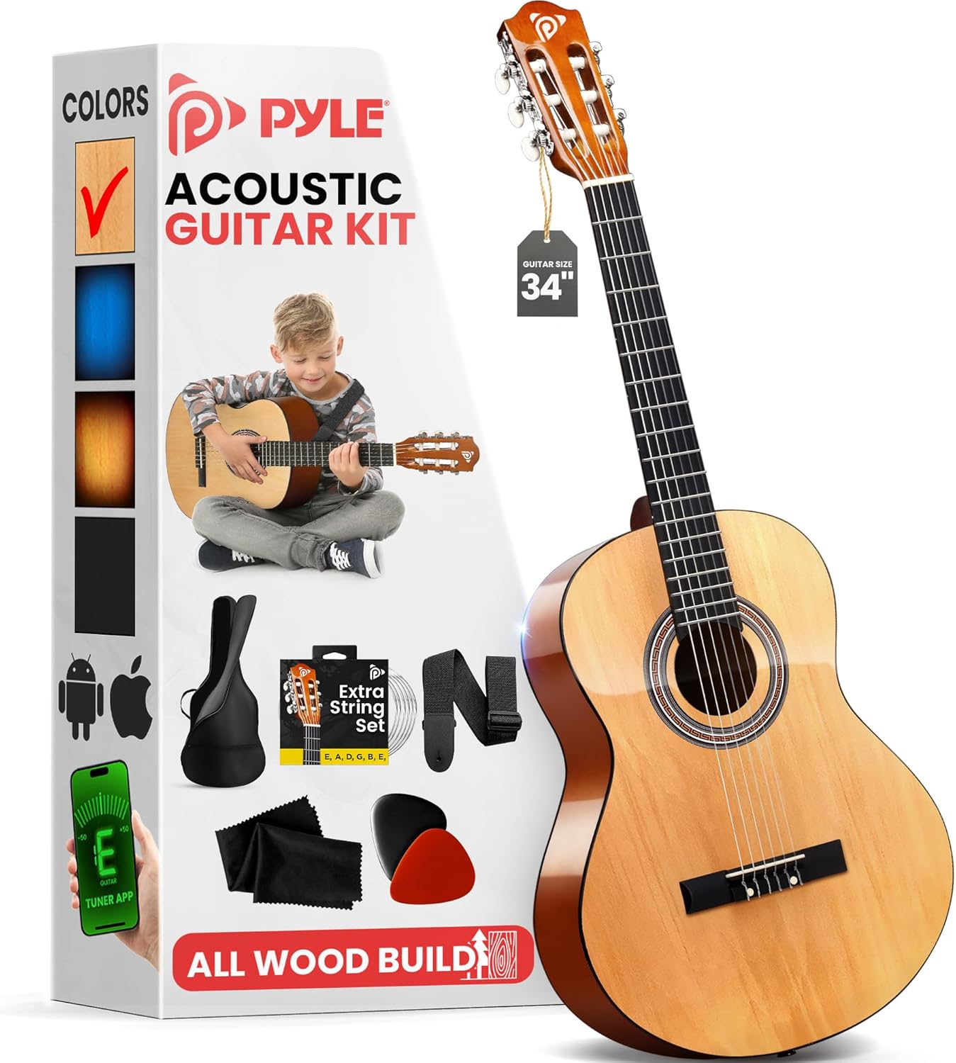 Pyle Beginner Acoustic Guitar Kit 6 String 1/2 Junior Size All Wood Instrument for Kids, Adults, Natural Gloss, 34