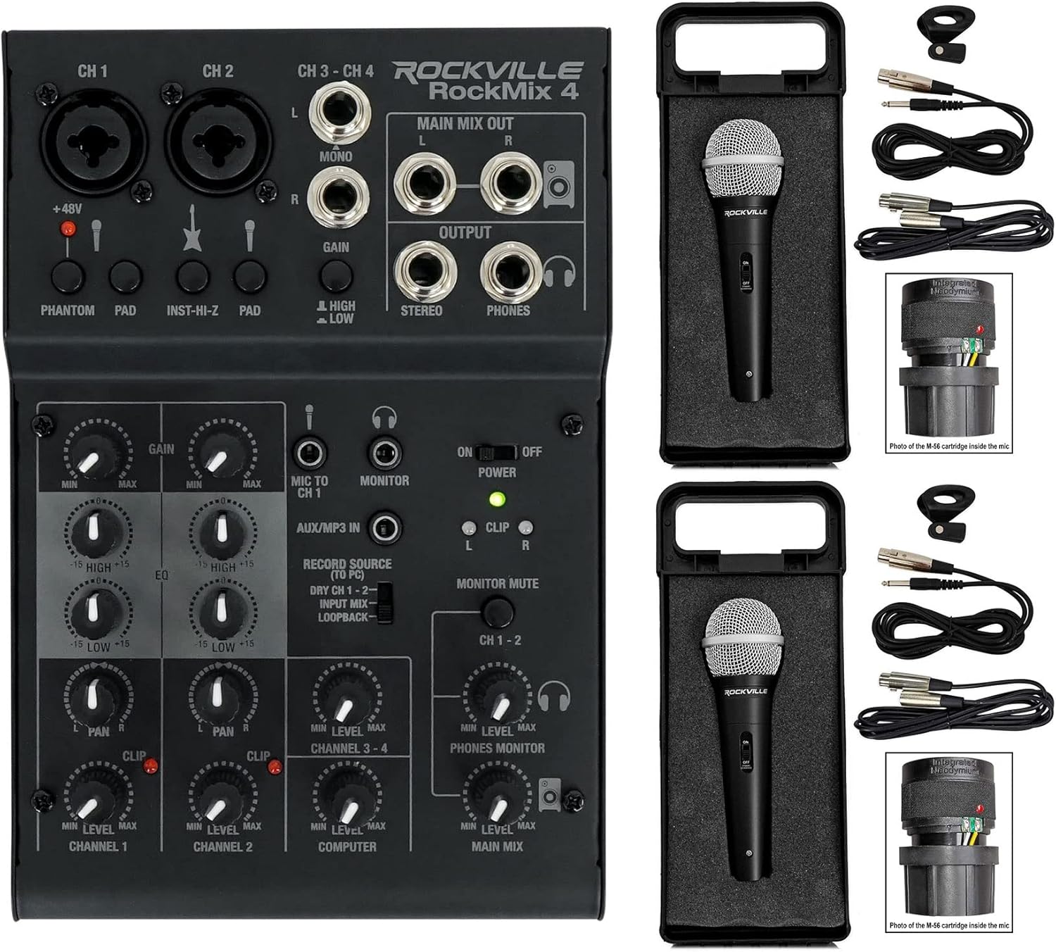 Rockville Podcasting Bundle: RockMix 4 Channel Mixer/Interface with USB, EQ, Mic/Instrument Inputs With (2) RMC-XLR Dynamic Wired Microphones, Metal Construction, (2) XLR Cables, 3-items