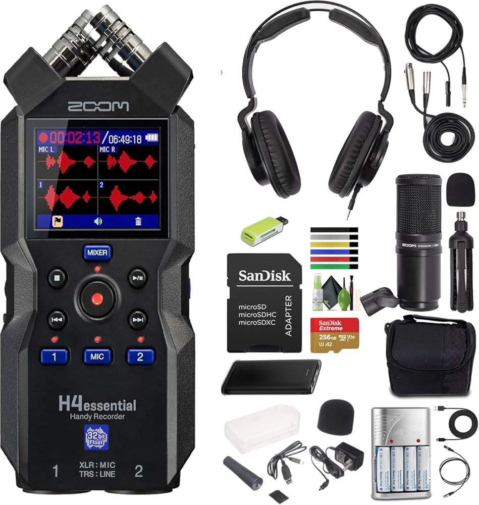 Zoom H4essential 4-Track 32-Bit Float Portable Audio Recorder + Zoom ZDM-1 Podcast Mic Pack + P- Bank Battery + USB Card Reader, SD/microSD + 10ft USB Type A to USB Type C cable - Black + More
