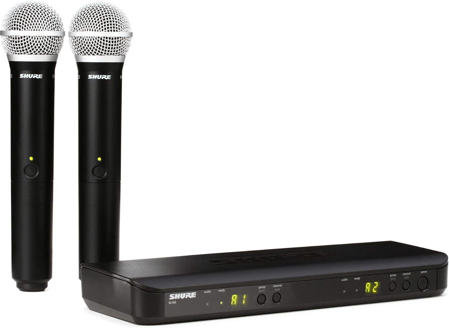 Shure BLX288/PG58 Dual Channel Wireless Handheld Microphone System H11 Band with Tripod Stands - Professional Audio Equipment for Performers, Presentations, and Events