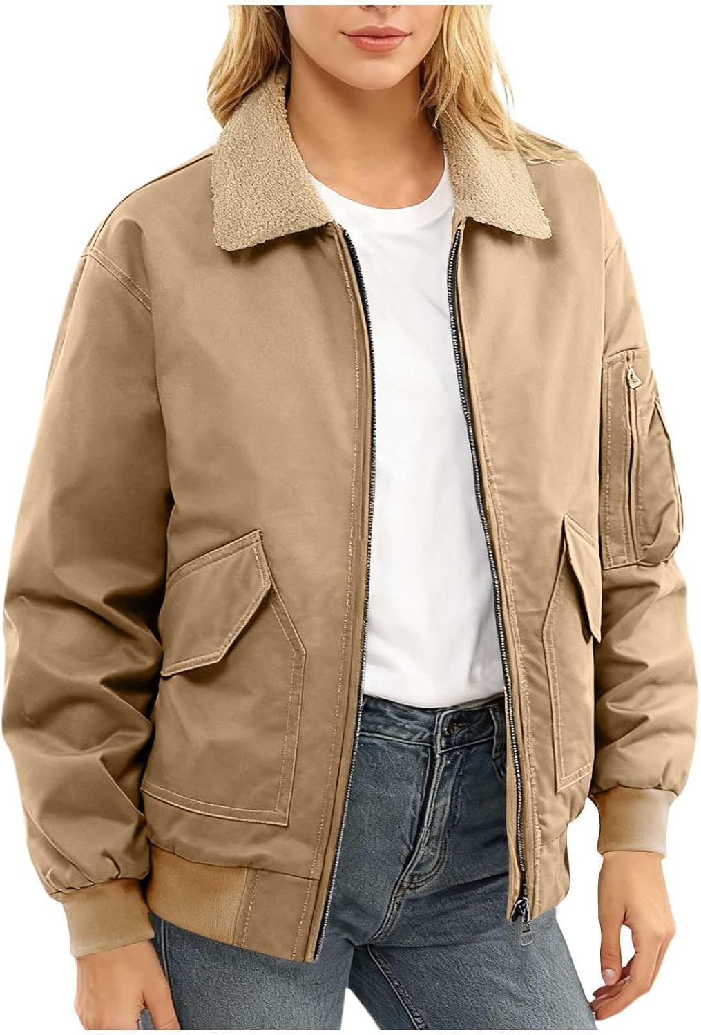 Womens Zip Up Bomber Jacket Oversized Fashion Casual Fully Lined Winter Coat Sherpa Fleece Collar Coat With Pockets