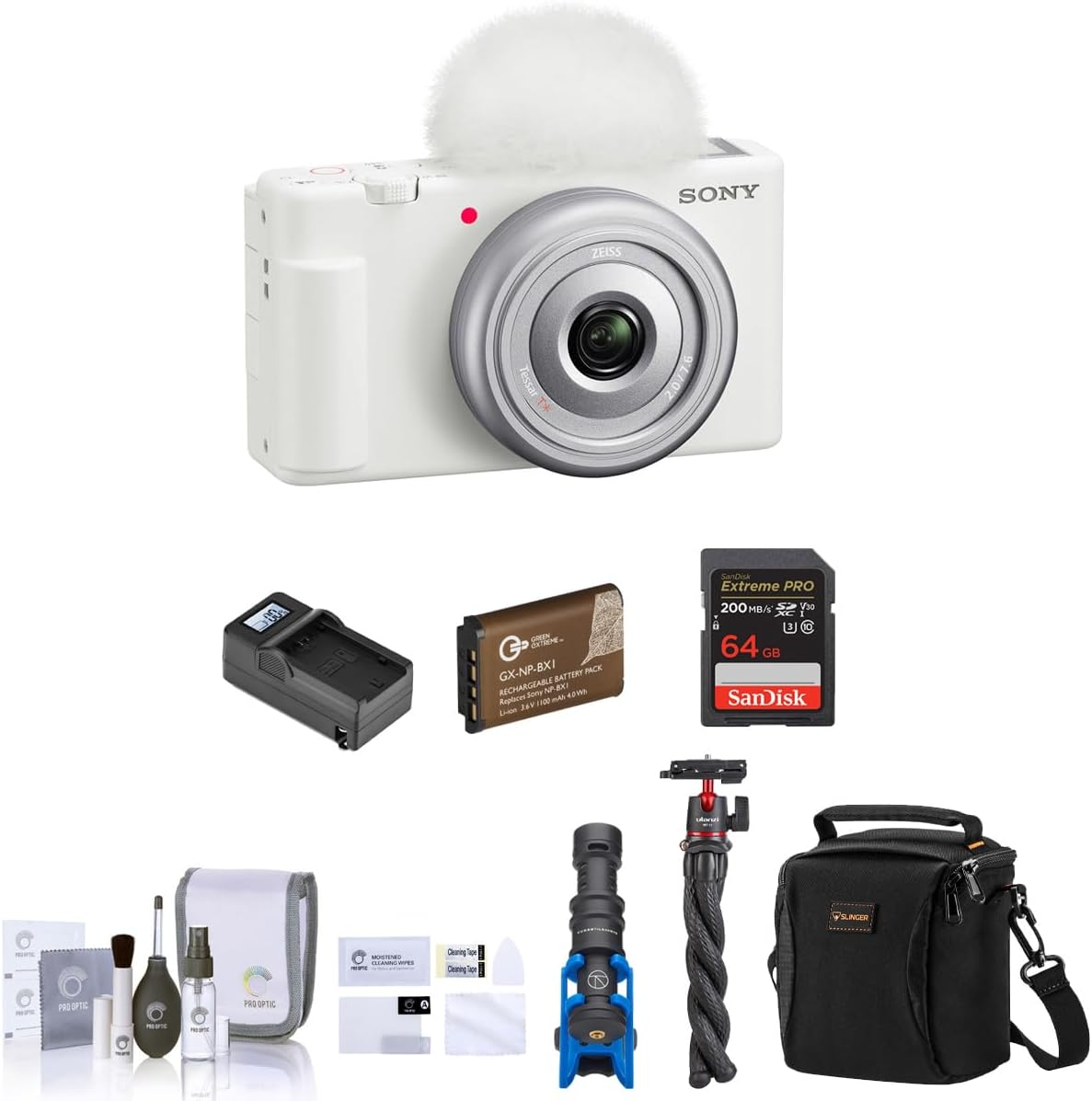 Sony ZV-1F Vlogging Camera, White Bundle with 64GB SD Card, Shoulder Bag, Shotgun Mic, Tripod, Extra Battery, Charger, Cleaning Kit
