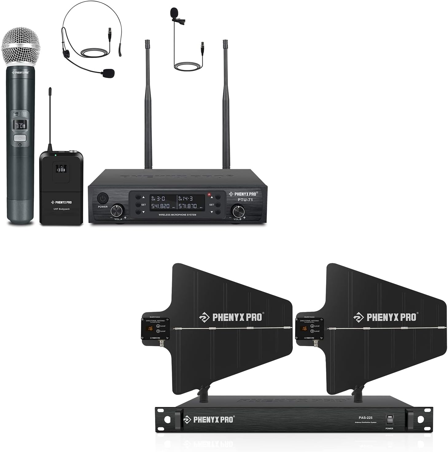 Phenyx Pro Wireless Microphone System,2x100 Adjustable UHF Channels(PTU-71-1H1B) Bundle with UHF Wireless Antenna Distribution System Kit