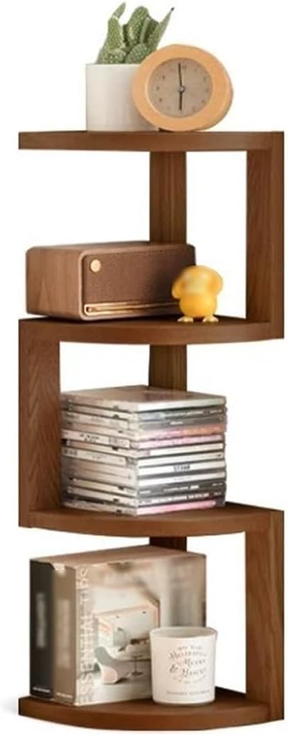 20x20x68cm Bow-Shaped Corner Bookshelf, Desktop Shelves Unit Small Bookcase, Versatile Shelving Corner Plant Display Stand All Solid Wood Rack (Walnut One Size)