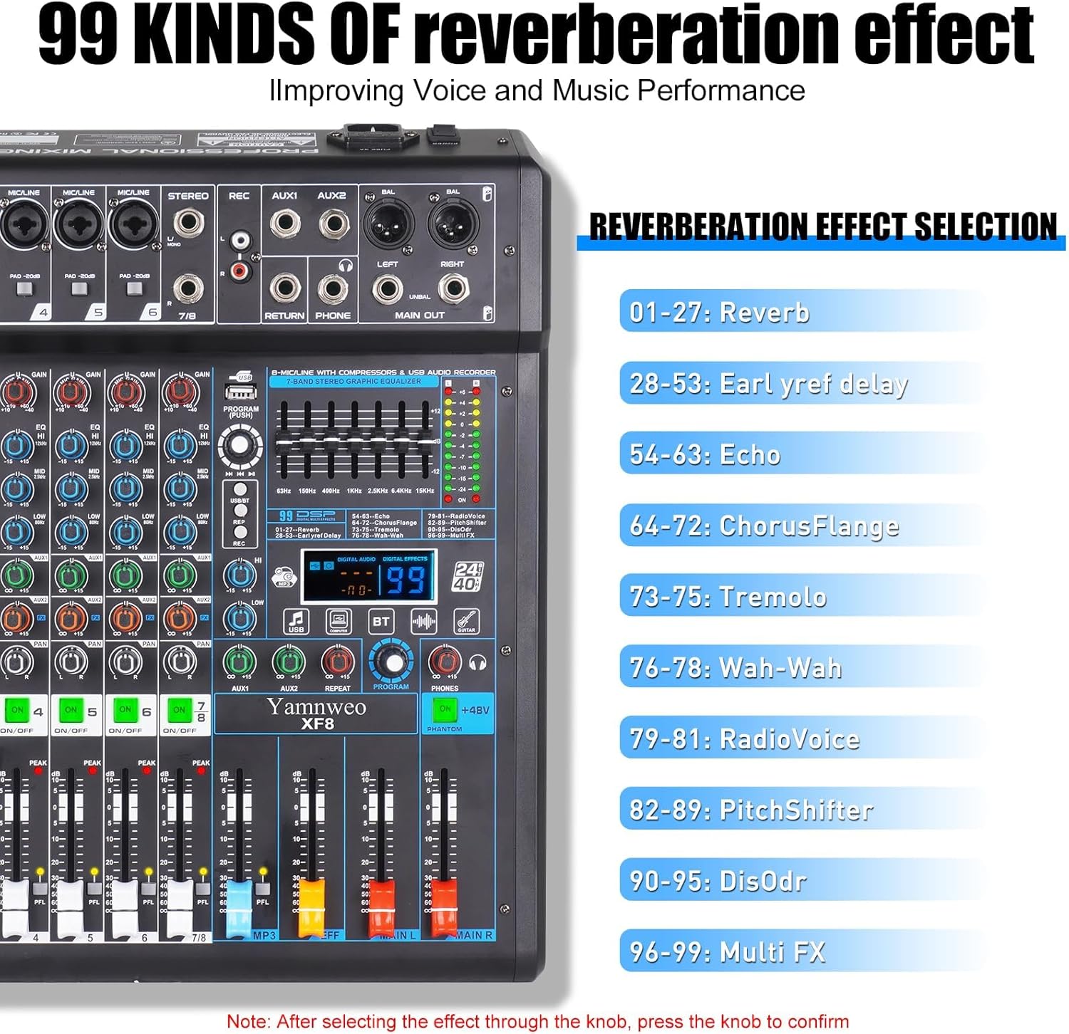 XF8 Professional Audio Mixer Sound Board Console Desktop System Interface 8 Channel Digital USB Bluetooth MP3 Computer Input 48V Phantom Power Supply Built-in 99 Reverb Effect (XF8)