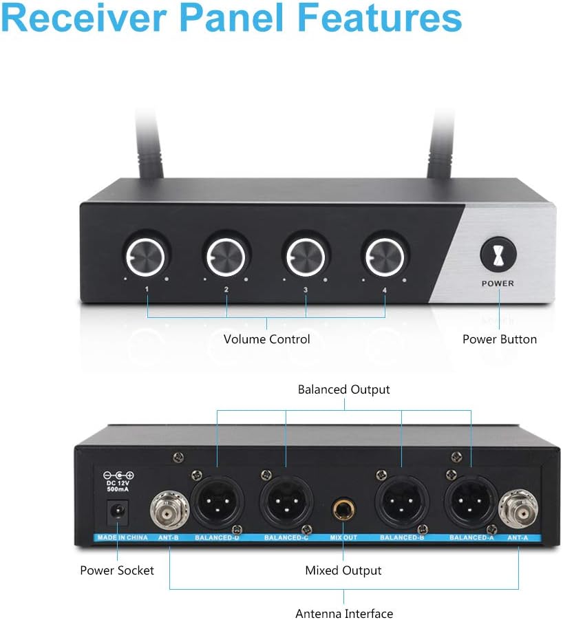 XTUGA S400 Wireless Microphone System, 4-Channel UHF Cordless Mic Set with Four Handheld Mics, Fixed Frequency, Long Range 260ft, Ideal for Church,Karaoke,Weddings, Events