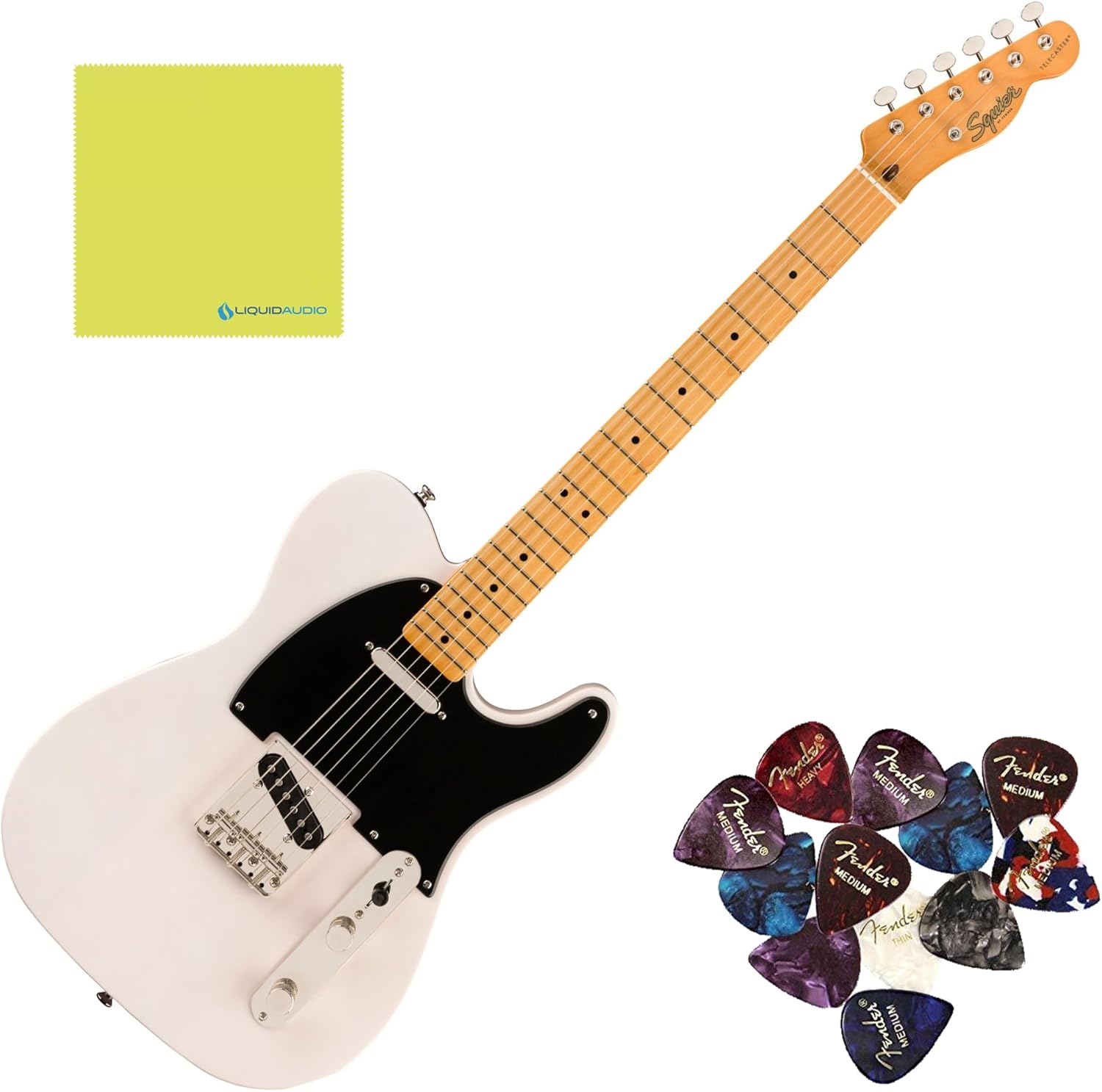 Squier Classic Vibe '50s Telecaster, Maple Fingerboard, Aged White Blonde - 0374030501 Bundle w/ 12-Pack Guitar Pick and Liquid Audio Polishing Cloth