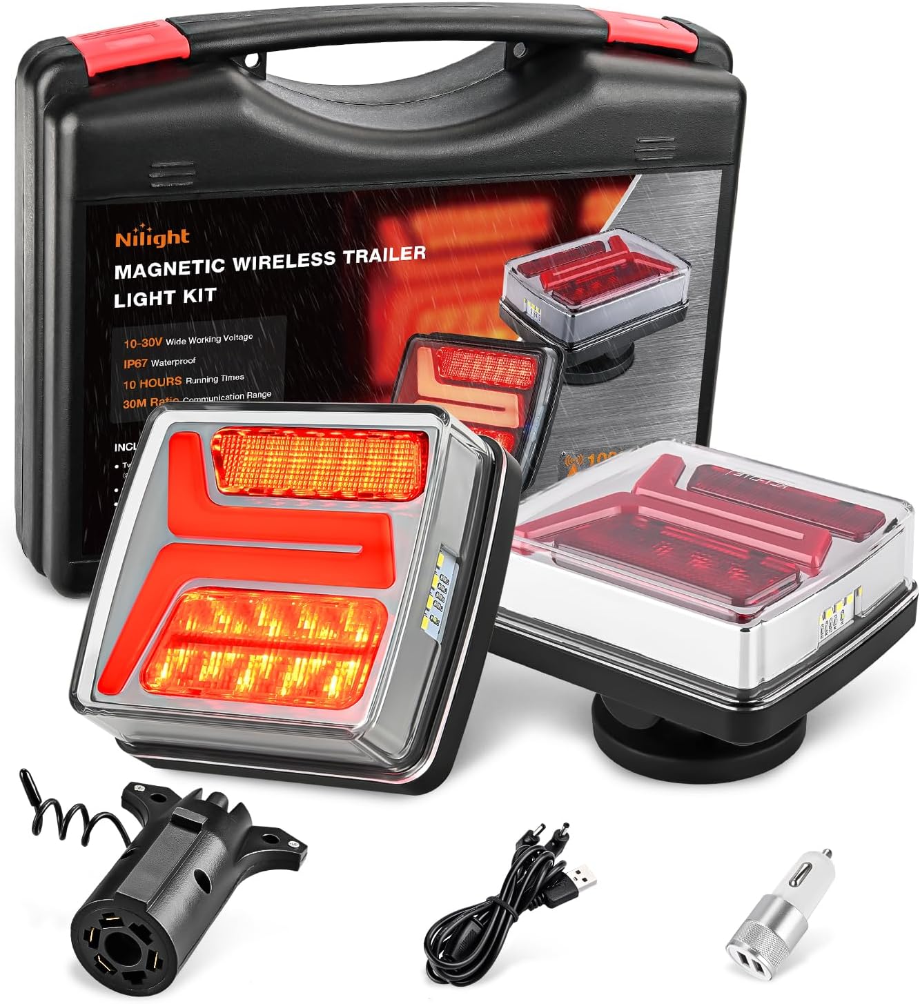 Nilight Magnetic Trailer Towing Light Kit 2PCS 58LED Wireless Tow Rechargeable Rear Stop Turn Running Lights for 10-30V Trailers Trucks RVs Vans Boats