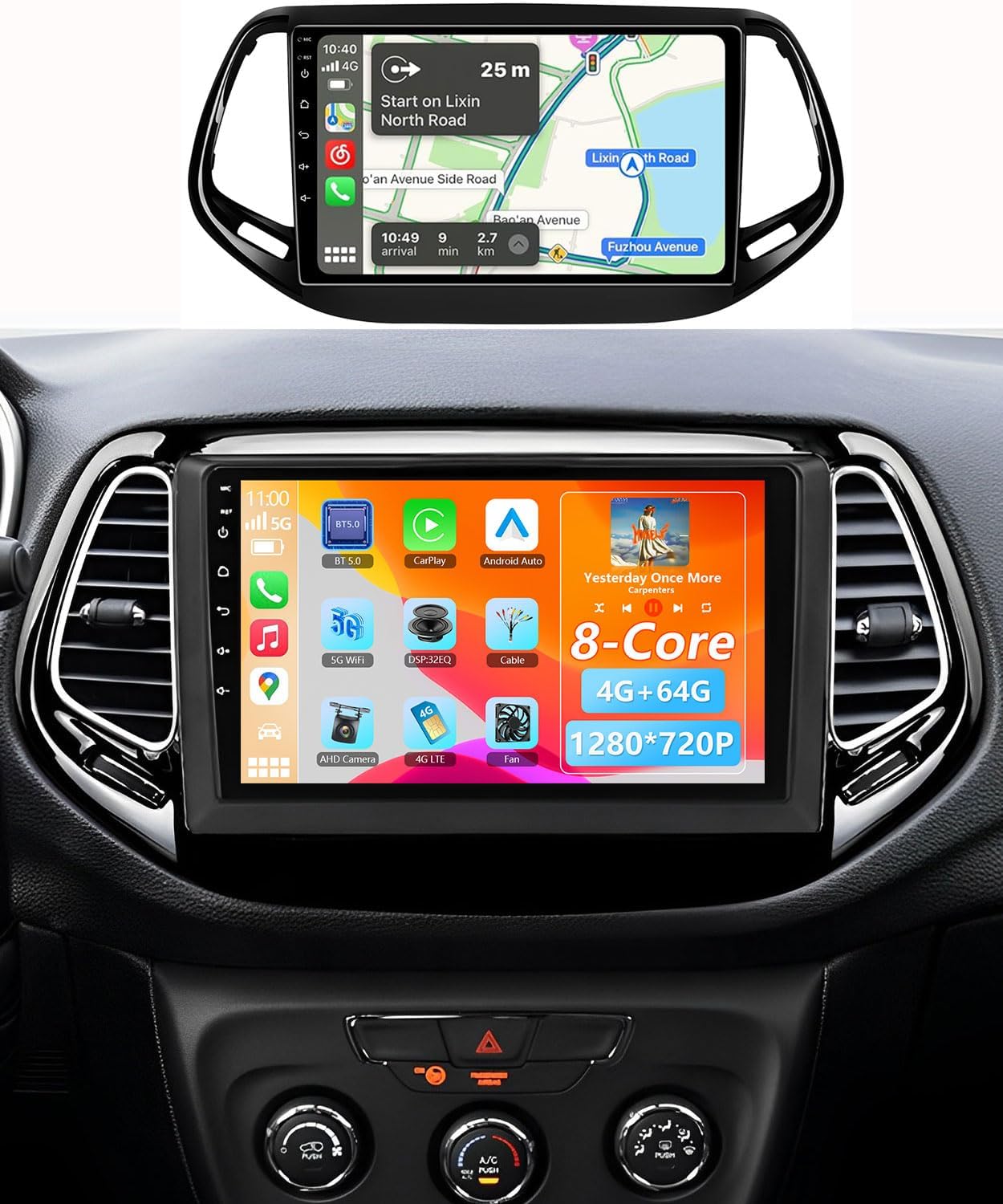 8Core 4G+64G Car Stereo Radio for Jeep Compass 2017-2020 with Android Carplay Android auto Camera Mirroring Touchscreen GPS Navigation Replacement 10inch