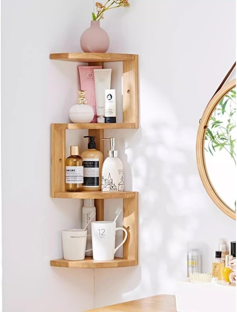 Wooden Corner Shelf 4 Tier Wall Mount Wood Floating Shelves for Corner Plant Stand, Corner Bookshelf, Bedroom Living Room Kitchen Office Decor