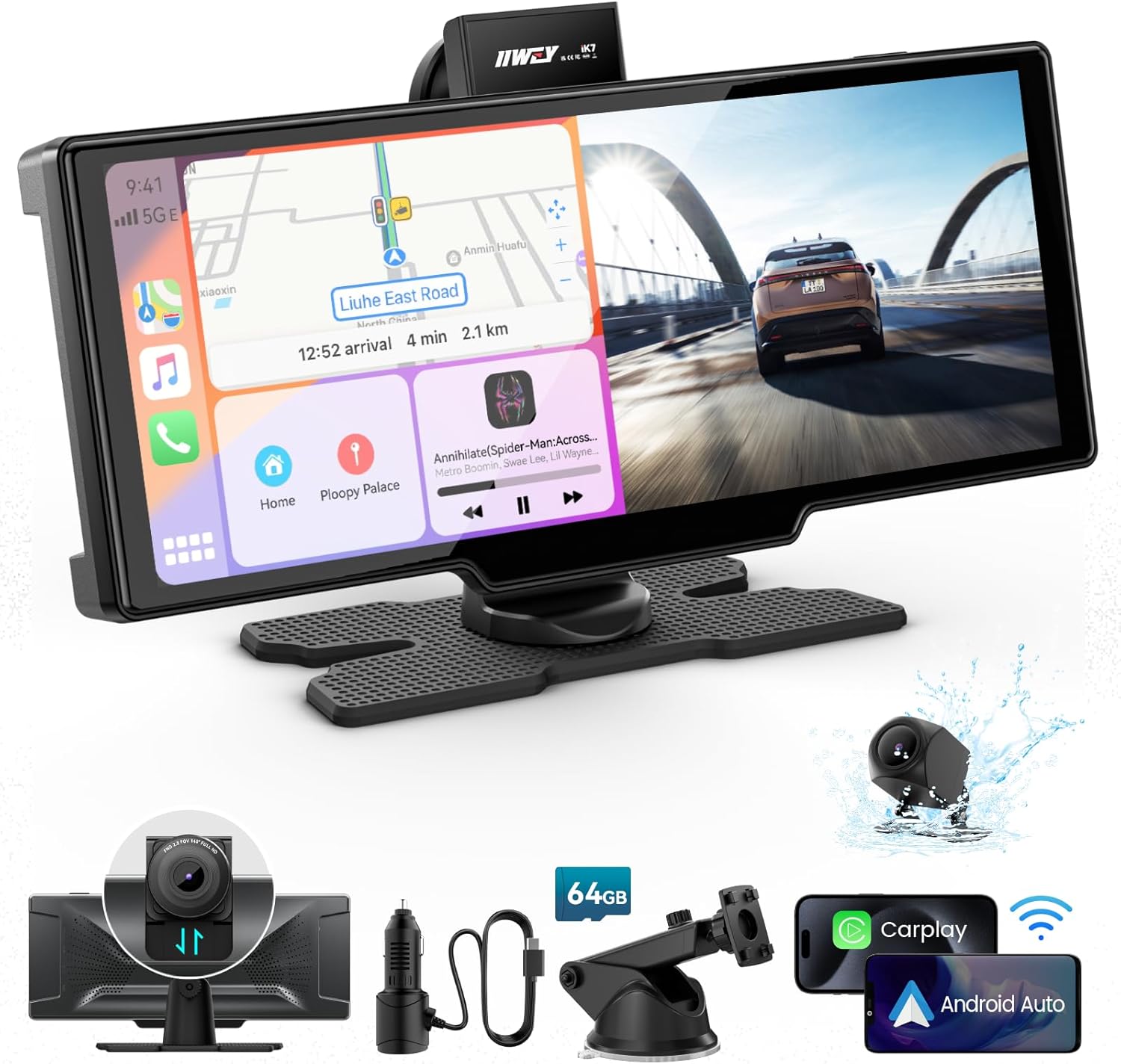 Portable Apple Carplay Screen, 10’’ Car Stereo Wireless Car Play & Android Auto Touch Screen, 4K Dash Cam, 1080P Backup Camera, Mirror Link/Voice Control/Music Play/GPS Navigation