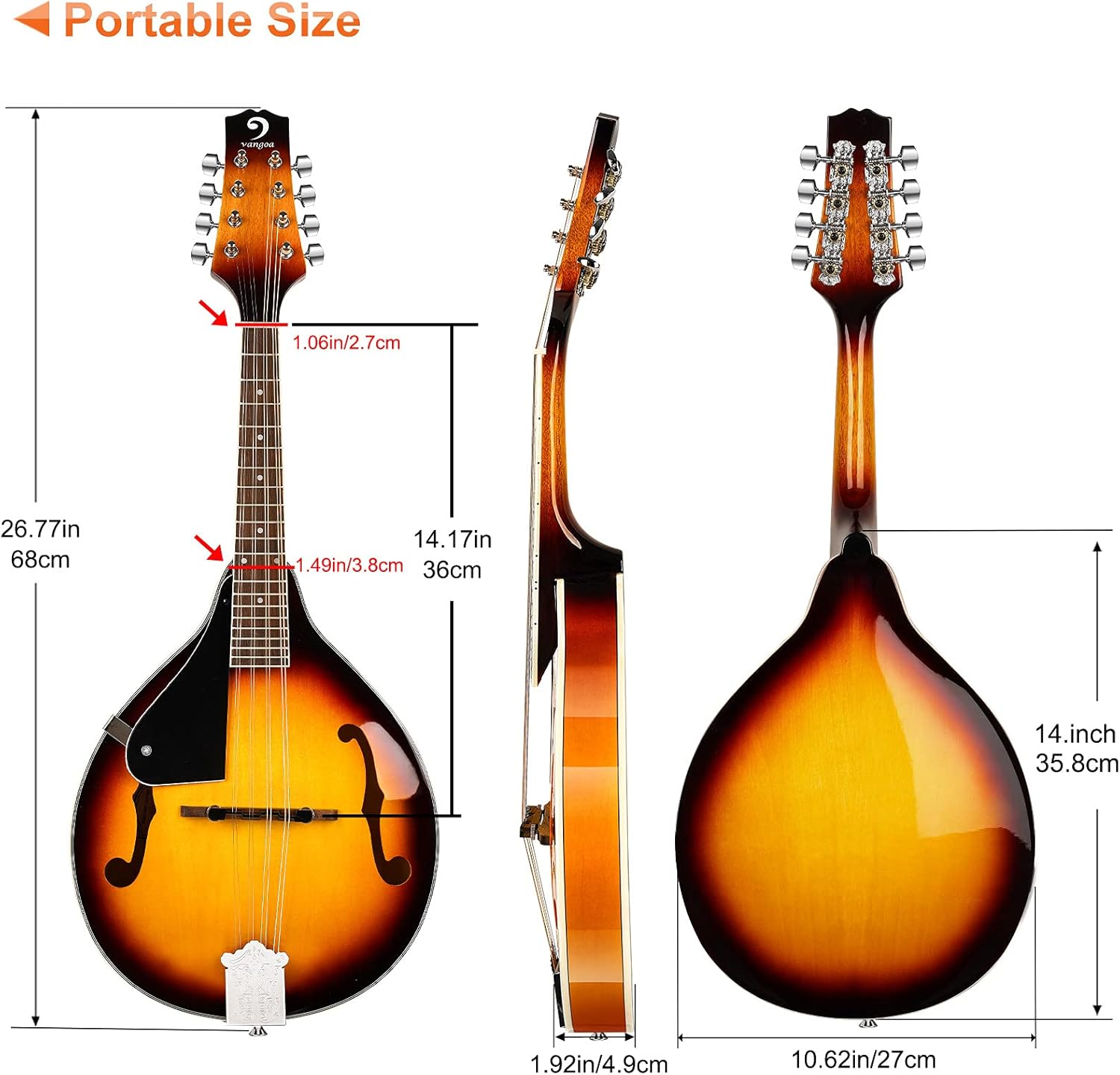 Vangoa LEFT-HANDED Mandolin Musical Instrument, Acoustic 8 String Mandolin A Style for Left Hand Beginners, Sunburst