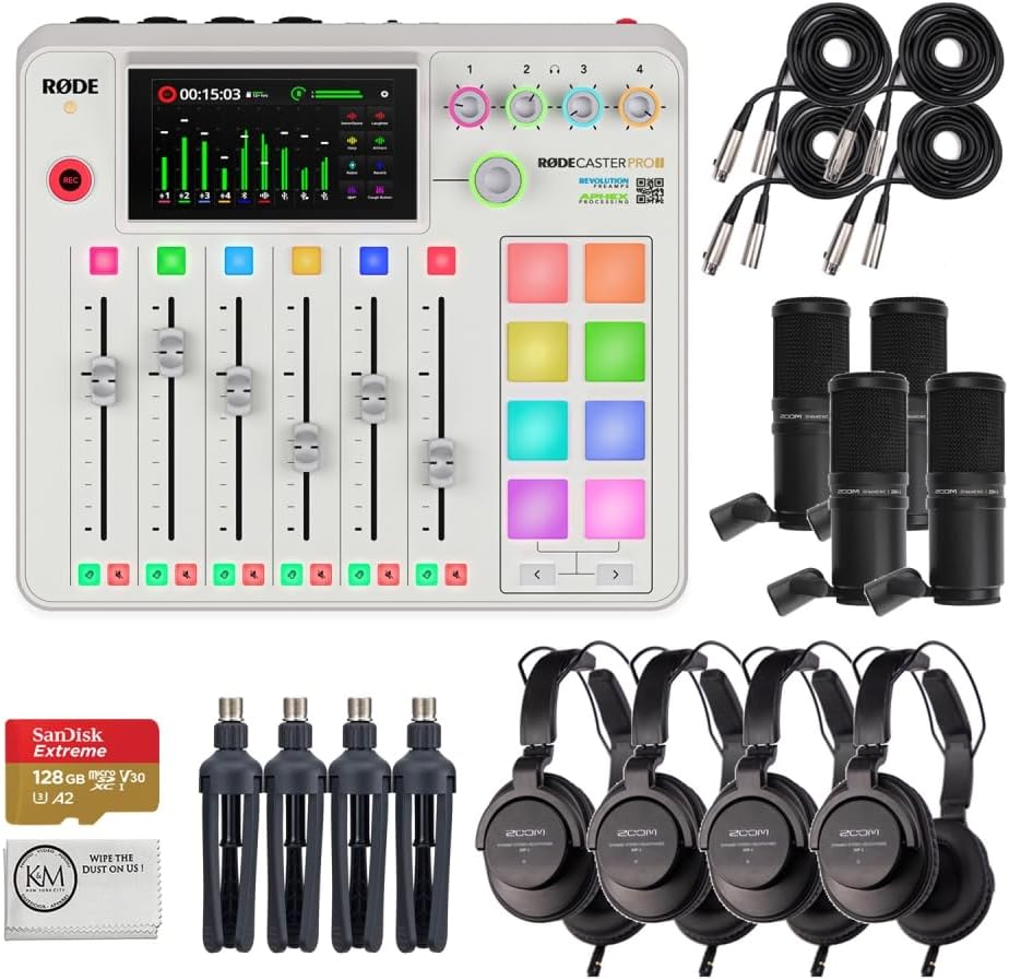 Rode RODECaster Pro II Integrated Audio Production Studio Bundled with 4 x Podcast Mic Packs + 128GB Micro-SD Card + Cleaning Cloth (White)