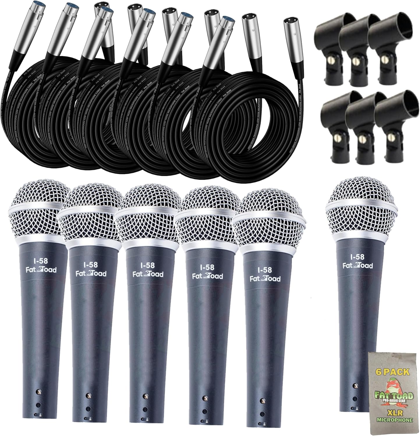 Fat Toad 6-Pack Vocal Microphones (Live ResponsePRO Edition) – Dynamic Cardioid Mics with Clips & 20ft XLR Cables for Studio Recording & Stage Karaoke