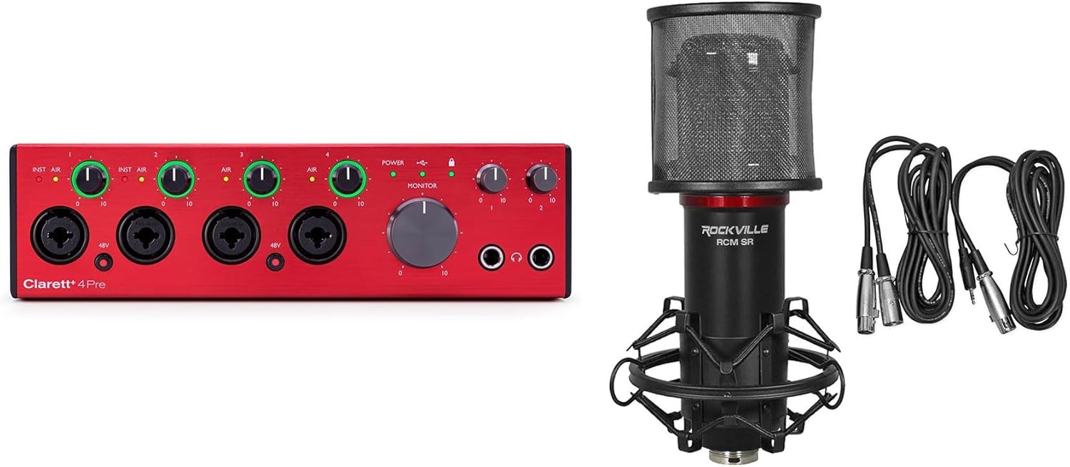 Audiosavings Bundle: Focusrite Clarett+ 4Pre USB-C Audio Recording Interface, 4 Mic Preamps/JFET/ADAT Bundle with Rockville RCM SR Studio/Recording Condenser Microphone (2 Items)