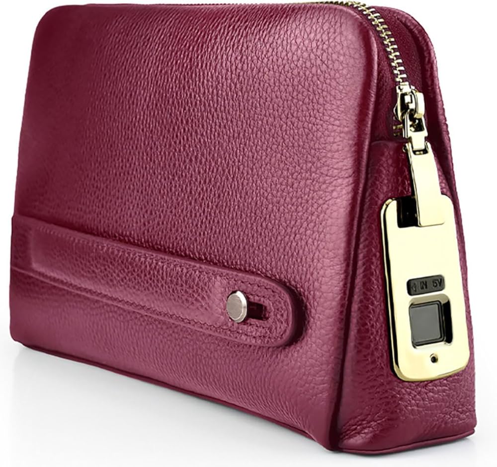 Welaso Fingerprint Lock Leather Handbag,Anti Theft Waterproof Genuine Leather Clutch Bag Wallet for Man Woman (Red)