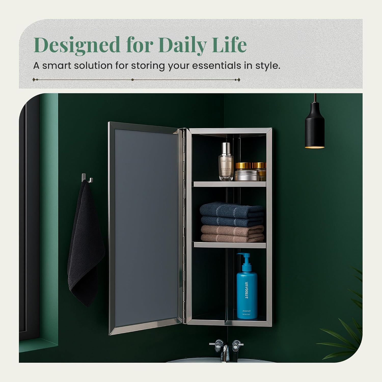 Renovators Supply Infinity Corner Medicine Cabinet with Mirror - Triple Shelf Storage Cabinet - Modern Wall Mount Medicine Cabinet - 23.6 in., Right Open, Polished Stainless Steel, Pack of 1