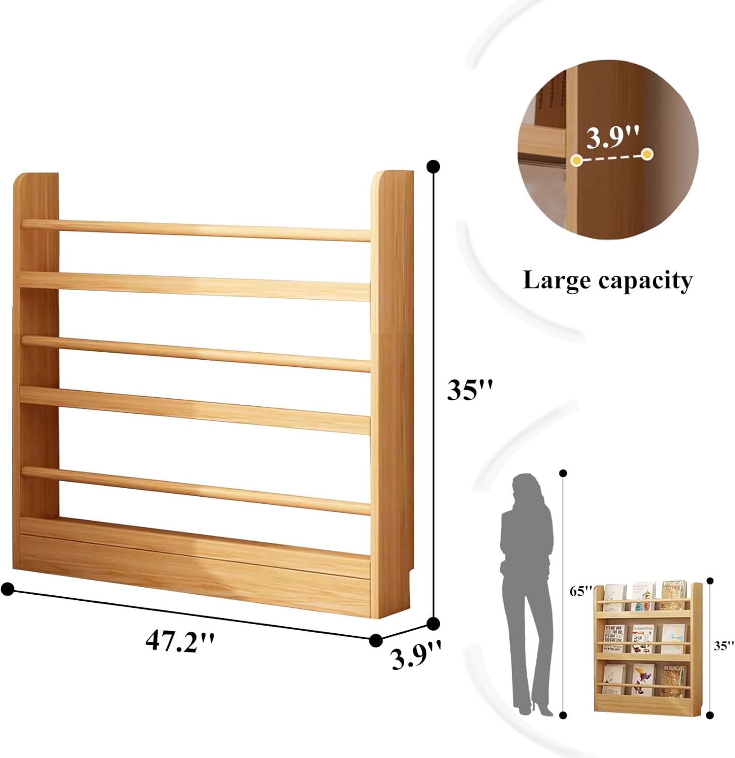 3-Tier Narrow Bookshelf, Natural Wood - Premium Book Shelf for bedRooms with Open Display Shelves - Bookcase Organizer for Bedroom, Living Room, Office (47.2