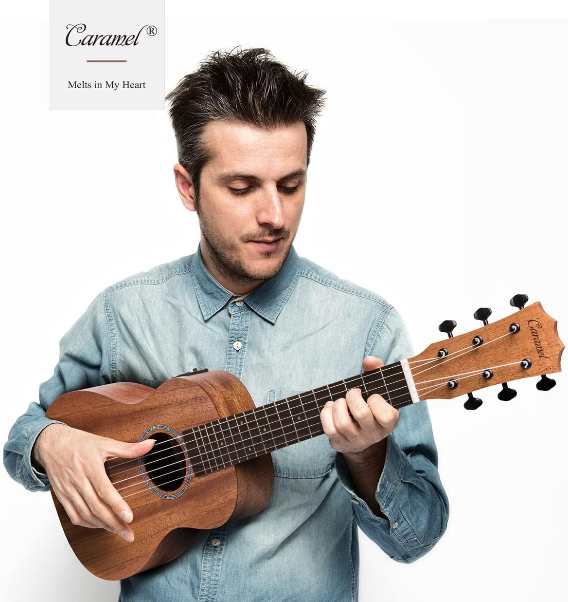 Caramel 30 inch All Solid Mahogany 6 String Ukulele Guitalele Wooden LCD color display Electric Guitalele Kit Small Hawaiian Beginner Guitar Starter Pack Bundle Gig bag, Strap,Strings Set