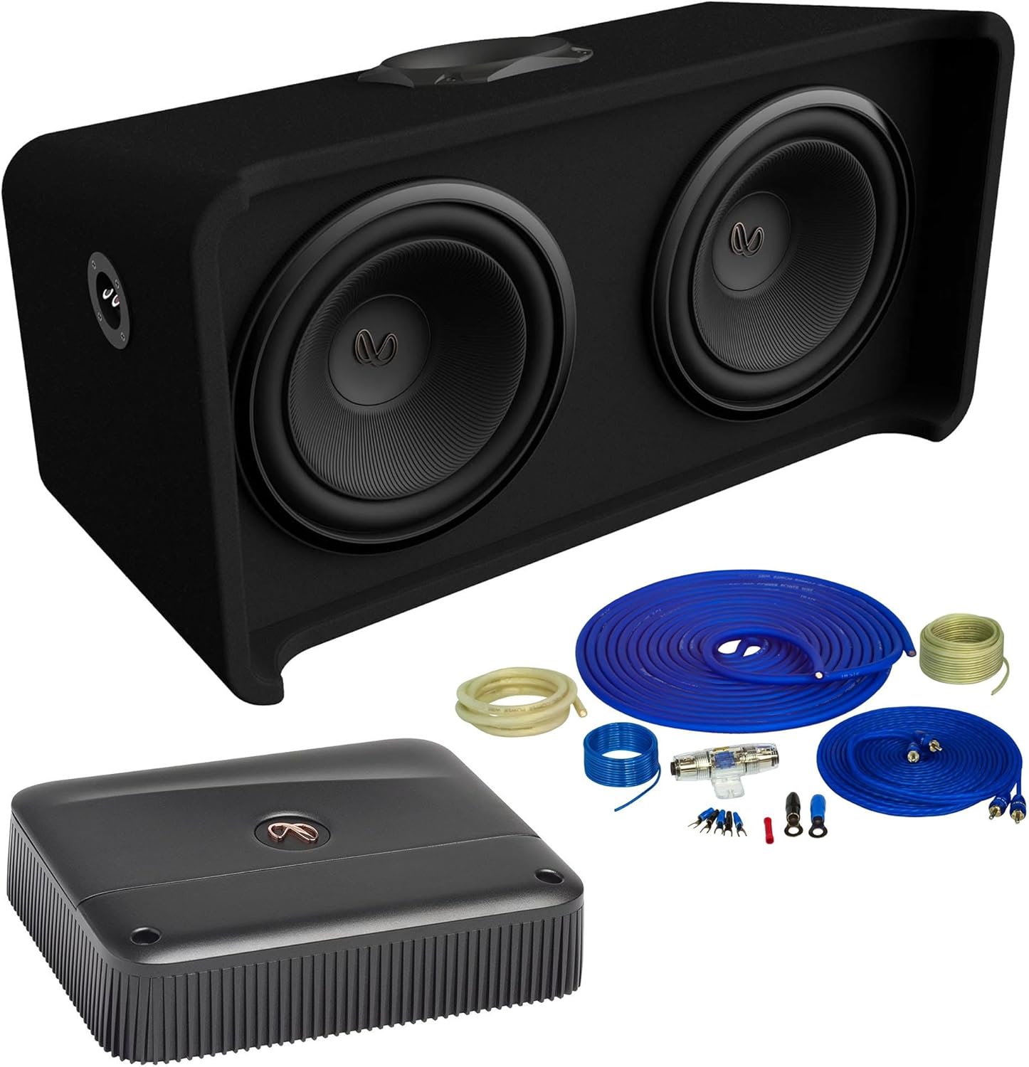 Infinity REFERENCE1200D Reference Series Dual 12” Slip Stream Ported Enclosure 2ohm with Reference6001A Mono Amplifier 600 Watt RMS and OFC Wiring Kit