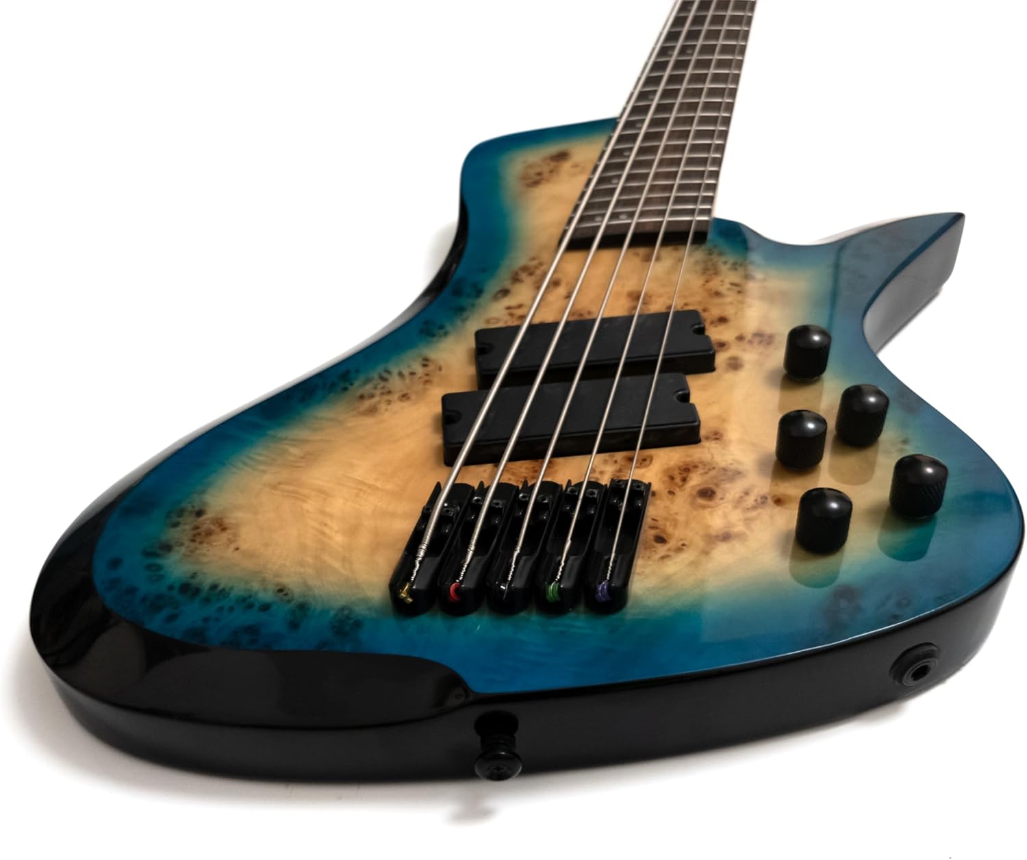 Upgrade Fanned Fret 5-String Bass Guitar, Multi-Scale 34.5–36.25″, Blue Burl Burst, Roasted Maple Neck, Rosewood Fingerboard, Active/Passive Humbuckers, 3-Band EQ, Jumbo Frets, Black Hardware