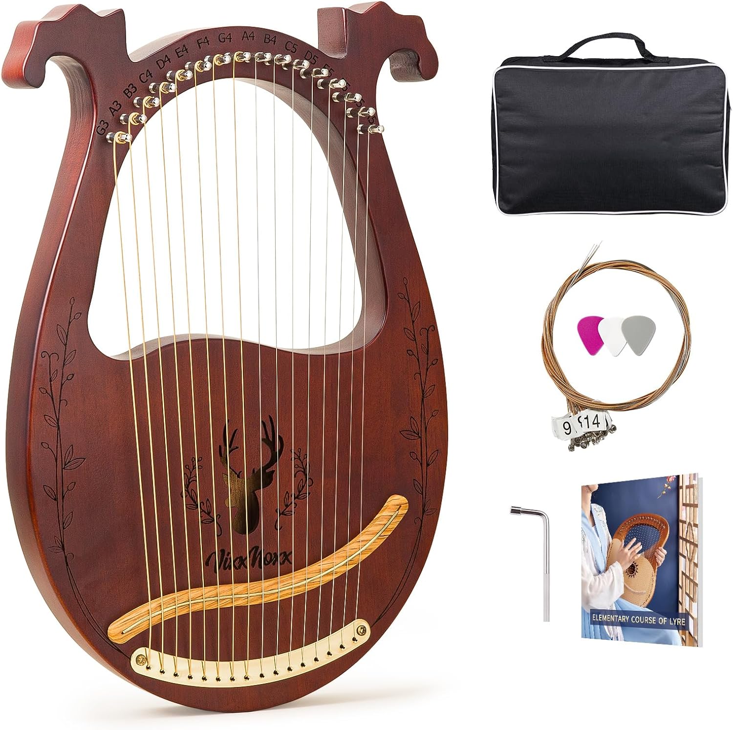 Lyre Harp, 16-String Mahogany Lyra Harp Kit, Stringed Musical Instruments with Tuning Wrench Bag Instructions Extra Strings for Beginners Adults