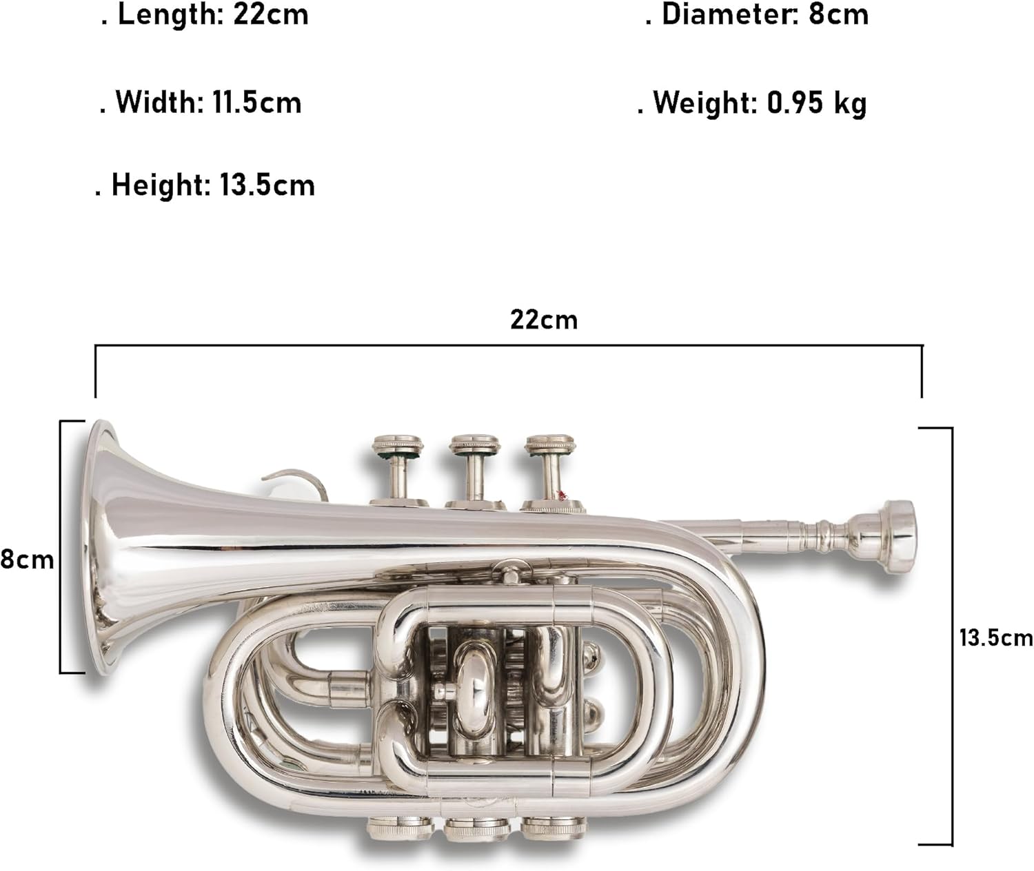 Queen Brass B-Flat Pocket Trumpet Silver Finish Compact Brass Instrument with Mouthpiece Gloves and Carrying Case for Students Beginners and Travel Friendly