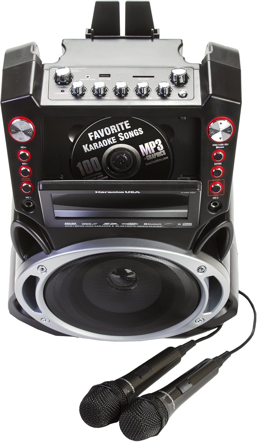 Karaoke USA GF845 Complete Karaoke System with 2 Microphones, Remote Control, 7” Color Display, LED Lights - Works with DVD, Bluetooth, CD, MP3 and All Devices