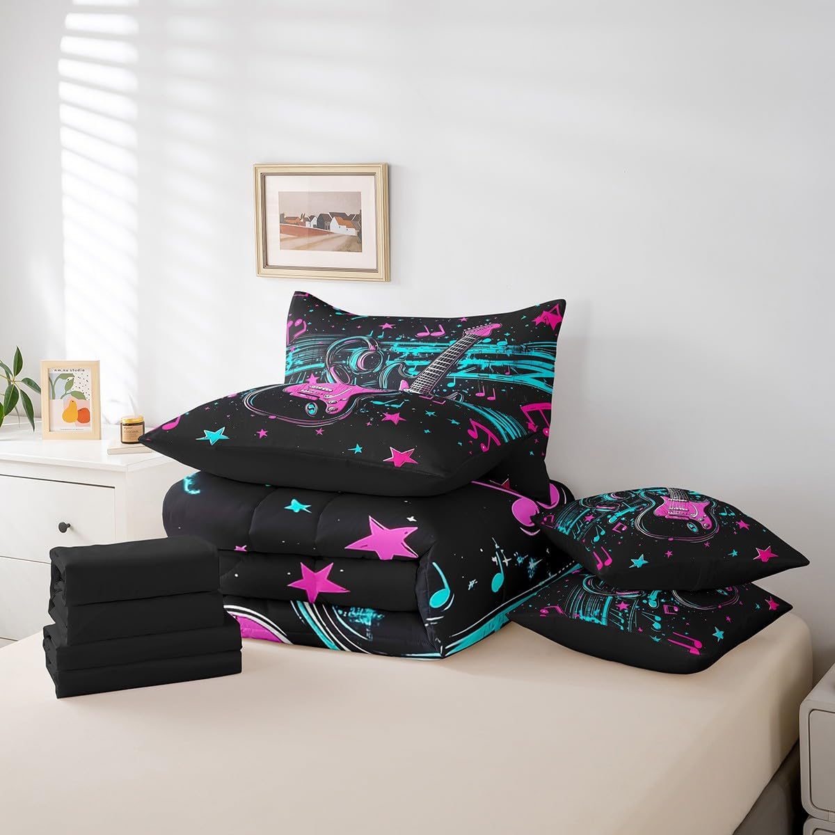 7 Pieces Queen Size Electric Guitar Comforter Set,Glitter Starry Sky Tie-dye Graffiti Bedding Set for Boys Girls,Neon Musical Notes (Comforter+Fitted+Flat Sheet+2 Pillowcases+2 Throw Pillow Covers)