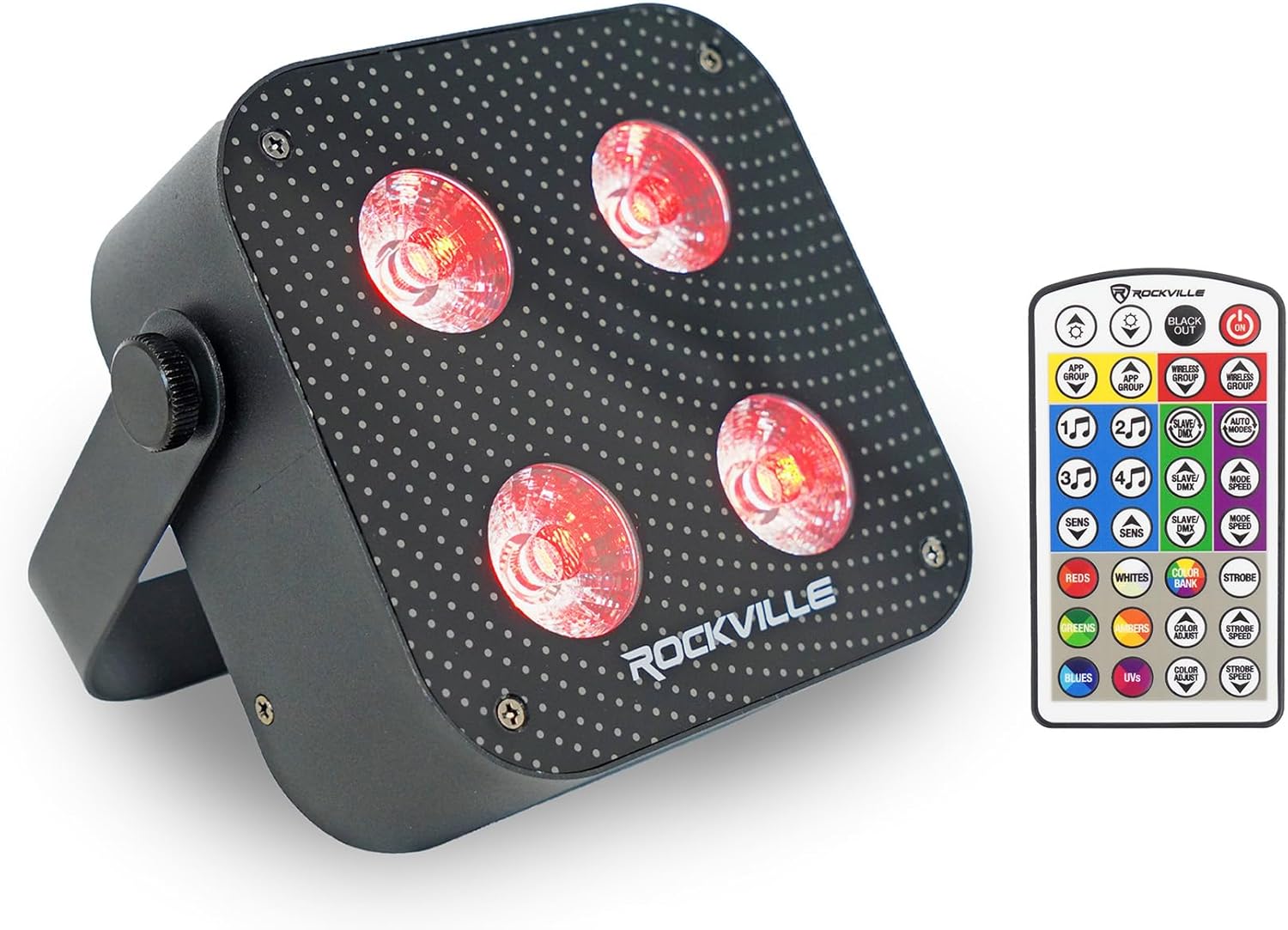 Rockville Mini IR4 Black LED Wash Light, RGBWA+UV, Compact, App Control, LCD, Wireless DMX, Remote, Rechargeable, Perfect for DJ & Event Lighting