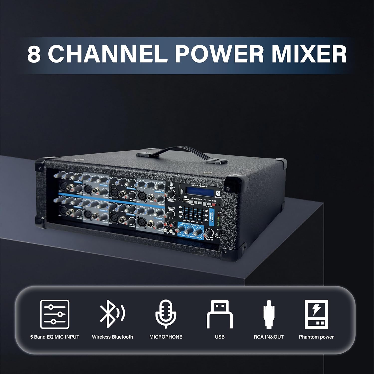 Proreck MX18 8-Channel 2400w Professional Audio Mixer with USB Interface, Bluetooth, Effect Controller, and 15V Phantom Power.Ideal for Studio Recording, Live Performances, DJs, Bands, Party, Wedding