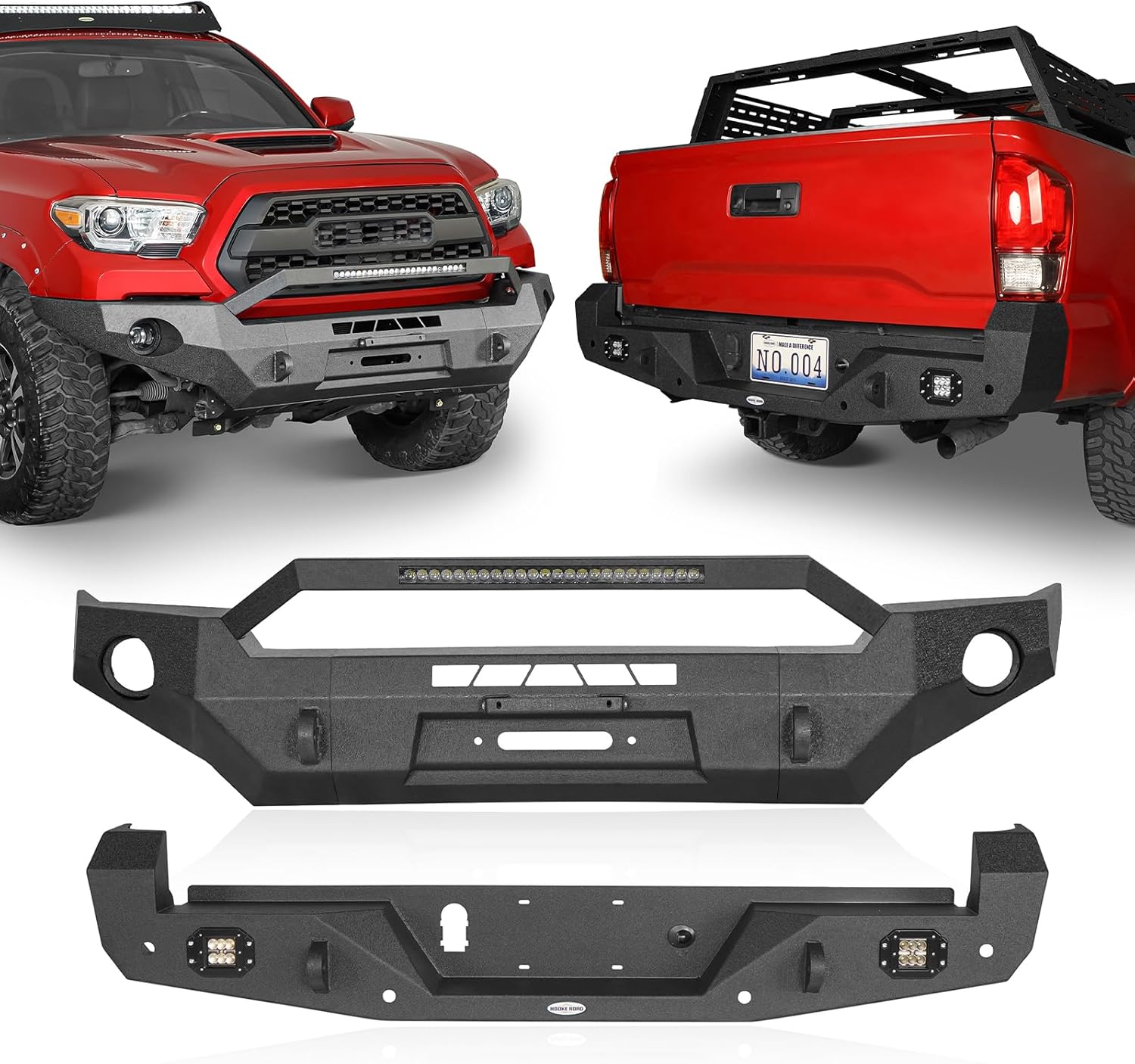 Hooke Road Tacoma Front and Rear Bumper Kit, Front Winch Bumper + Offroad Back Bumper w/LED Lights for Toyota Tacoma 3rd Gen 2016-2023