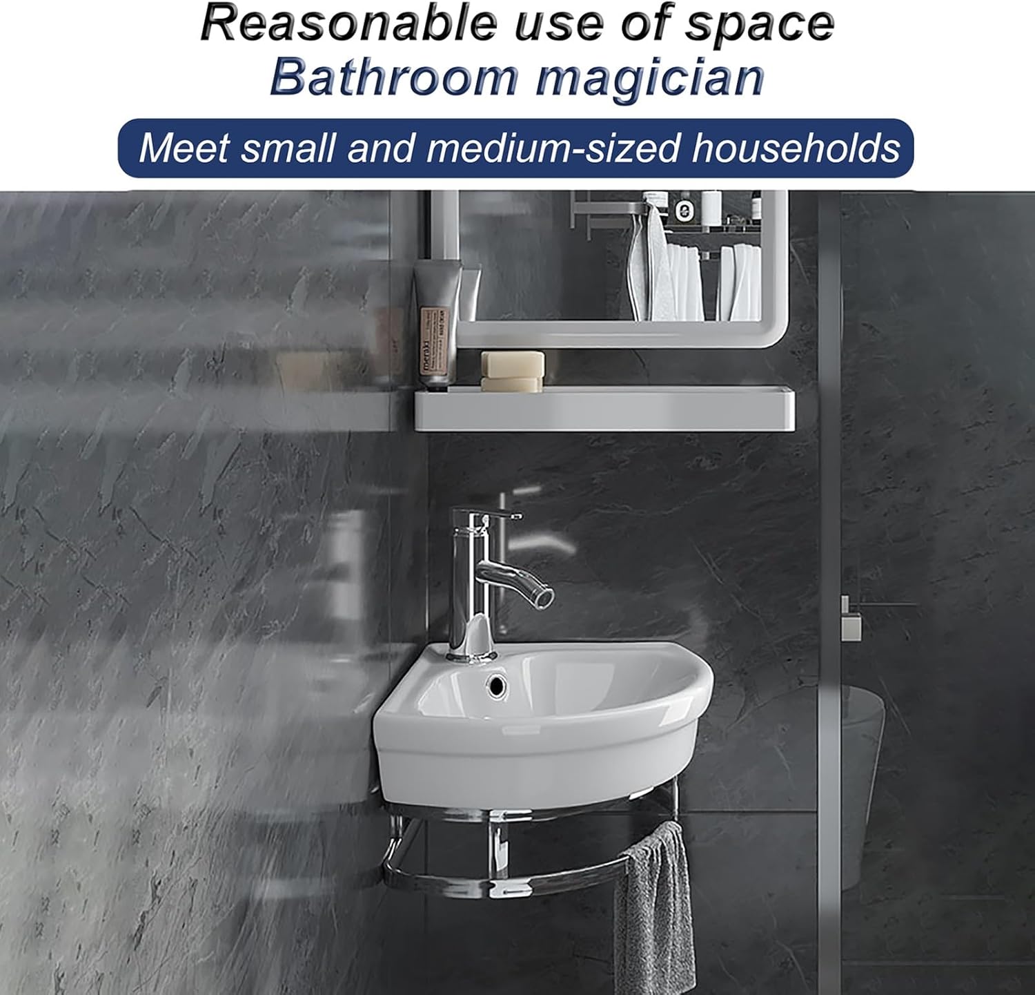 Wall Mount Corner Sink, Pure White Porcelain Ceramic Vessel Sink, Small Vanity Sink Lavatory Wash Hand Basin, with Faucet Drain Towel Bar, for Restaurant, Bar, Cafe, Salon & Spa ( Size : 42*42cm/16.5*