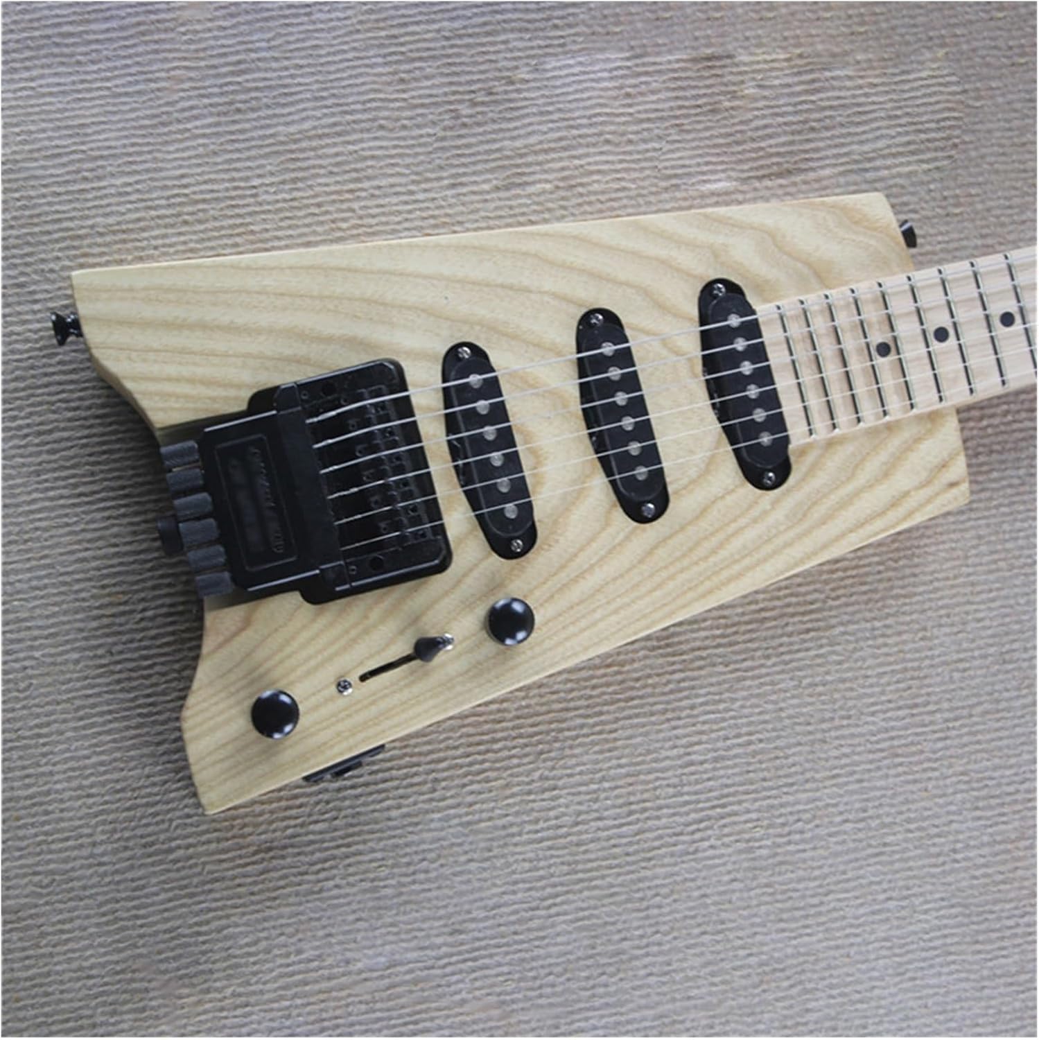 VENEKA Headless Electric Guitar Natural Wood Color Headless 24 Frets Electric Guitar with SSS Pickups Maple Fretboard Last 4 Frets Scalloped