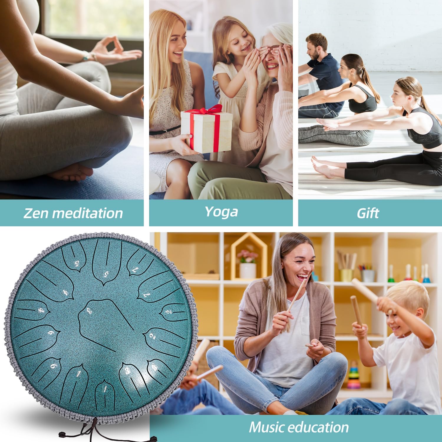 Steel Tongue Drum - 13 Inch 15 Notes C-key Handpan Drum Percussion Instruments with Music Book for Musical Education Entertainment Meditation Concert Mind Healing Yoga Zen (Malachite)