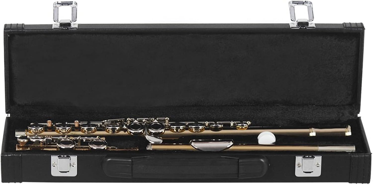 Flute Kit Gold- Plated Silver Key 16 Hole Flute Woodwind Instrument Closed Hole E Key Concert Flute with Box Music Accessories Intermediate Flute
