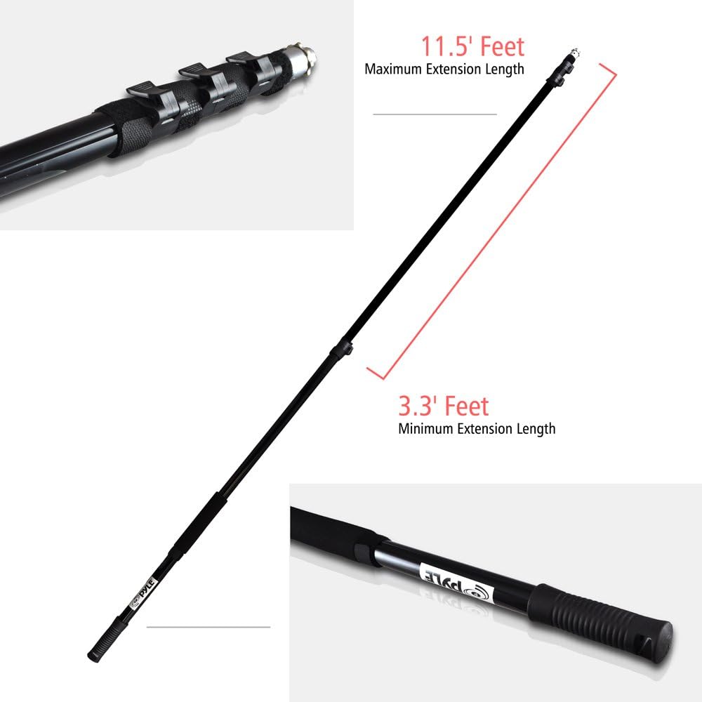 Pyle Microphone Boom Pole - Extending Mic Boom Fish Pole for Shotgun Mics with Adjustable Length - 11.5’ ft. (PMKSB12),Black