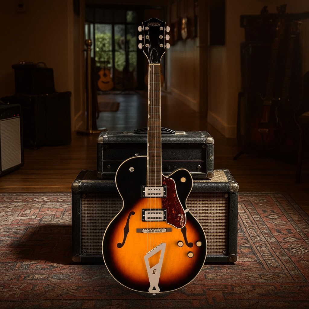 Gretsch G2420 Streamliner Hollow Body Electric Guitar - Aged Brooklyn Burst Bundle with Strings, Strap, Picks, String Winder, and Austin Bazaar Polishing Cloth