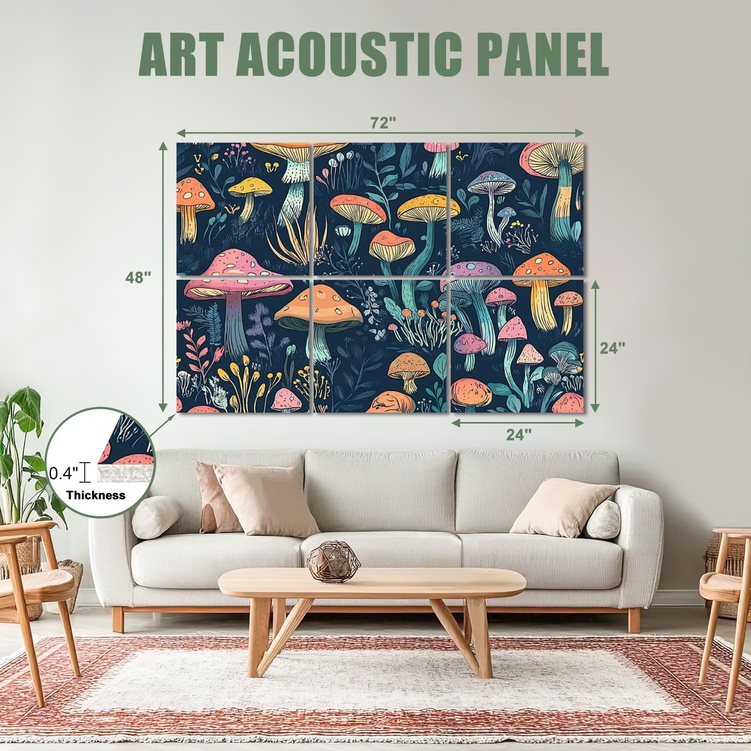 6 Pack Art Acoustic Panels Sound Absorbing Coloful Pink Yellow Red Magical Mushroom Forest Dark Navy Black Decorative Soundproof Wall Panels Self Adhesive for Recording Studios Office 72