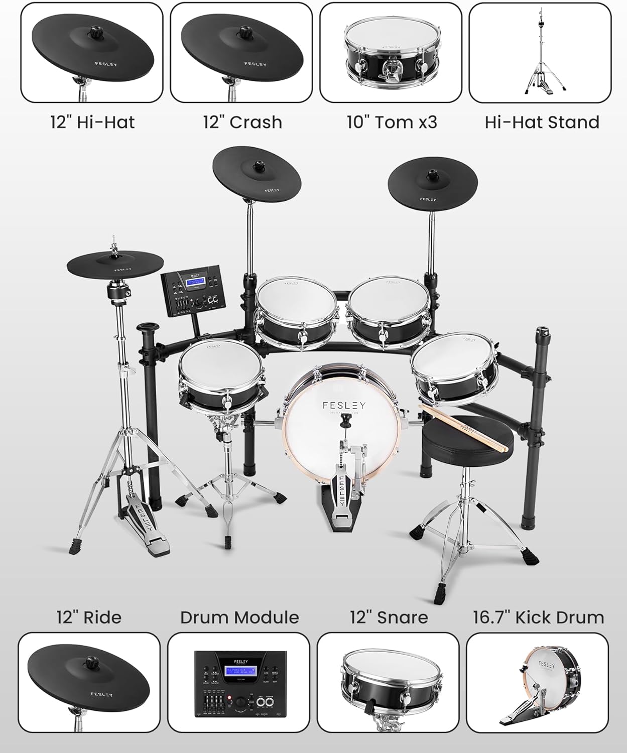 Fesley Electric Drum Set with Independent Kick Snare Drum HiHat Cymbal: Real Sample Sound Source, Bluetooth Electronic Drum Set with Dual Zone Mesh Drum Pad, Dual Zone Cymbal Full Size Adult Drum Set
