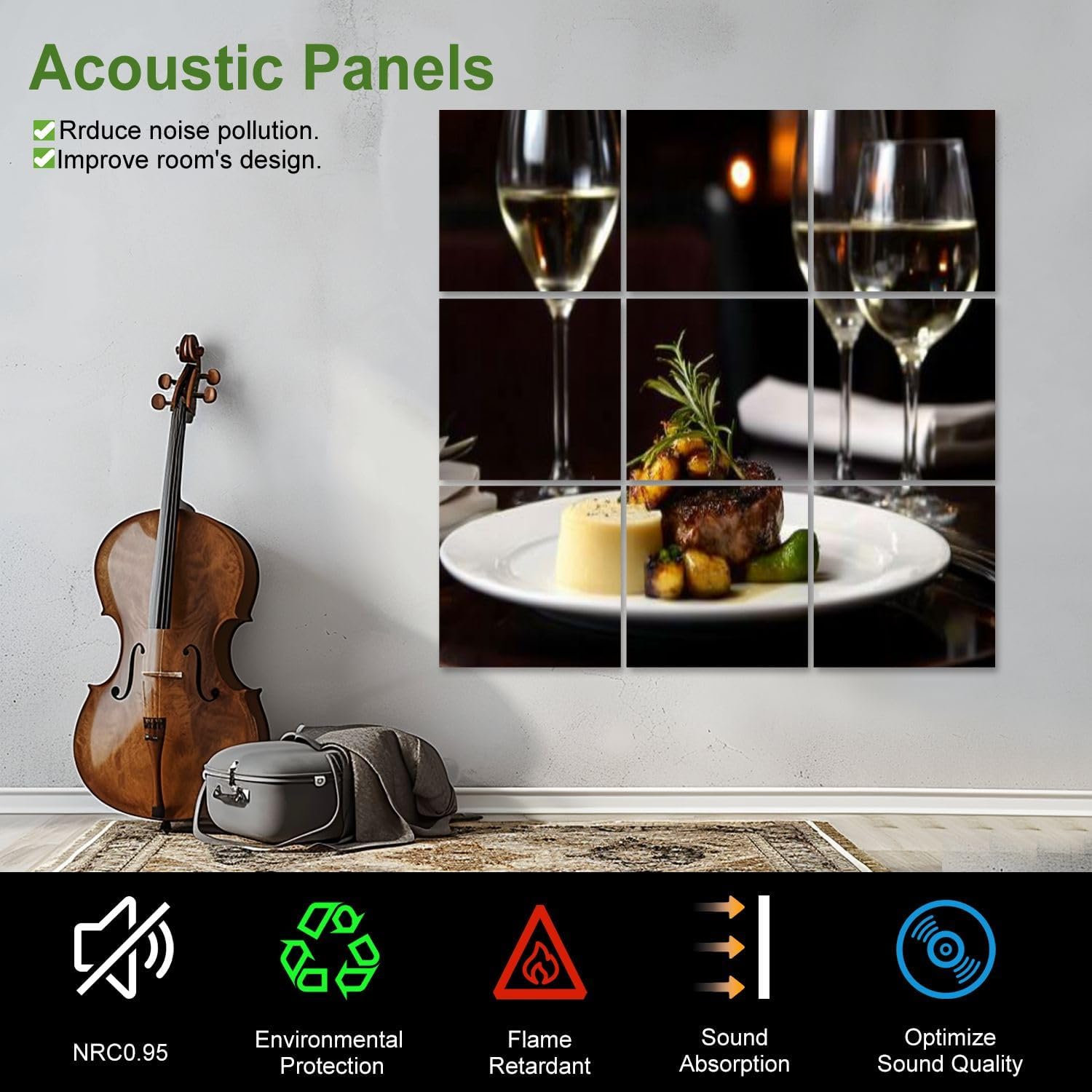 Art Acoustic Panels Self Adhesive fine dinning table restaurant dinner wine steak foods 9 Packs Decorative Soundproof Wall Panels Large Sound Absorbing Panels for Home Office 60