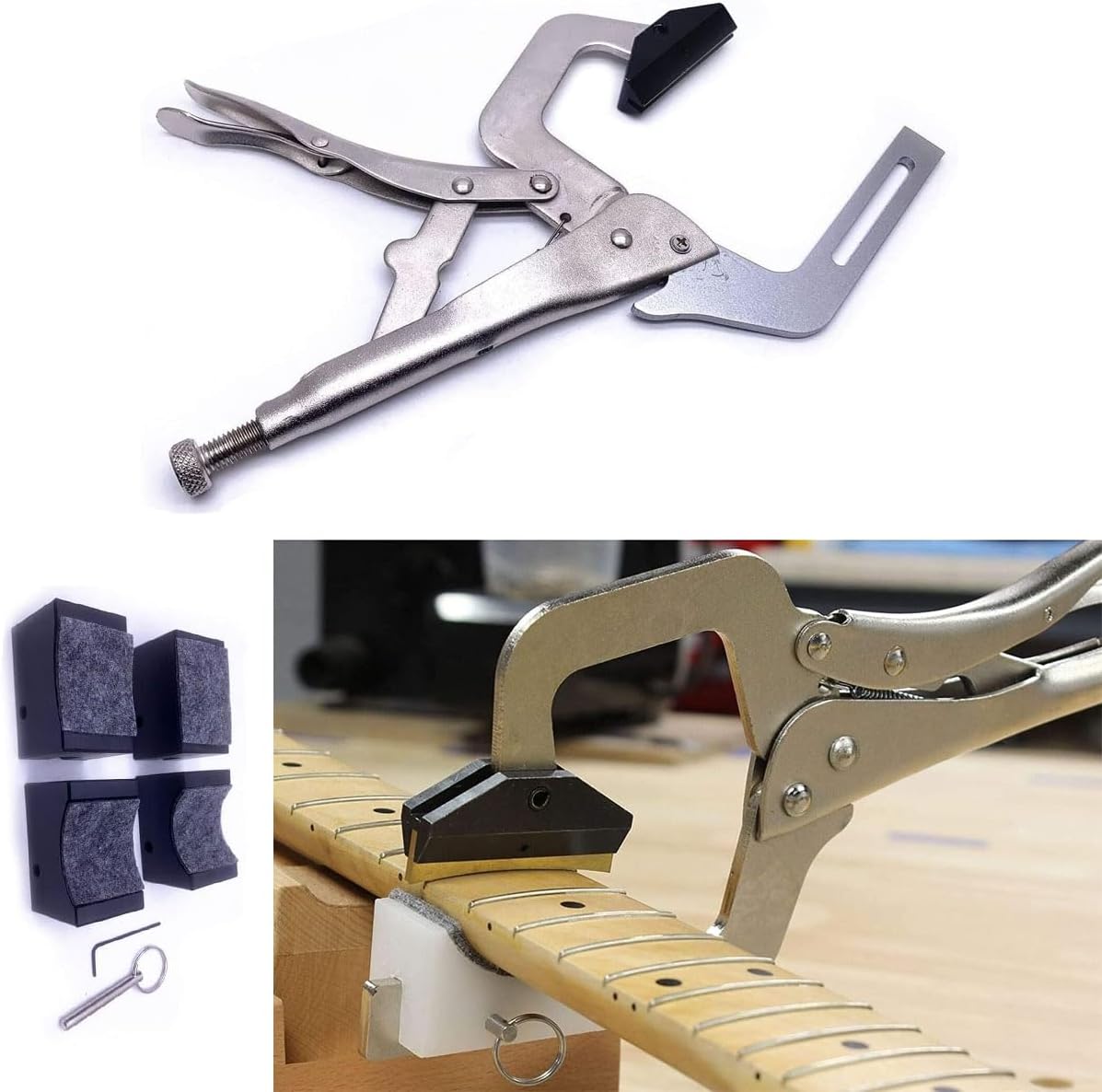 Fret Press Tool Pressing Clamp Fret Installation Tool with 4 Support Cauls 9 Radian Brass Inserts(7.25-20) for Electric Acoustic Guitar Bass