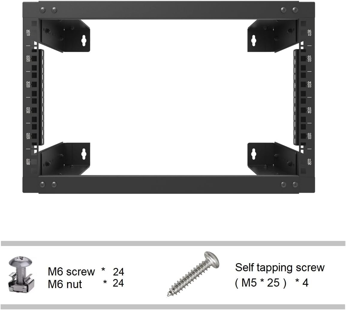 Jingchengmei 6U Wall Mount Open Frame Rack-19 Inch Server Equipment Rack- Adjustable Depth 13-18 Inches 2 Post Open Frame Cabinet- Black (6U13-18InD)