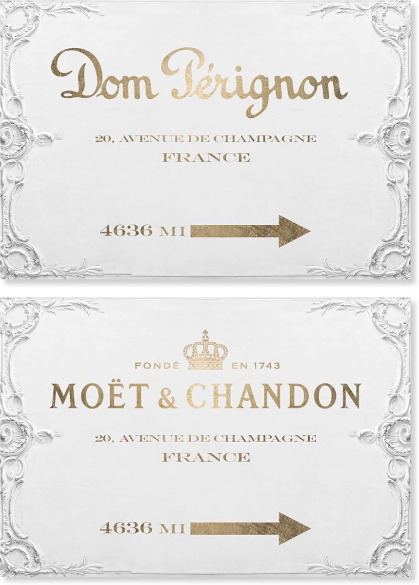 The Oliver Gal Artist Co. Fashion and Glam Contemporary Vintage Wine Lettering Canvas Wall Art Dom Star Champagne Road Sign SET Living Room Bedroom and Bathroom Home Decor 30 in x 20 in Gold and White