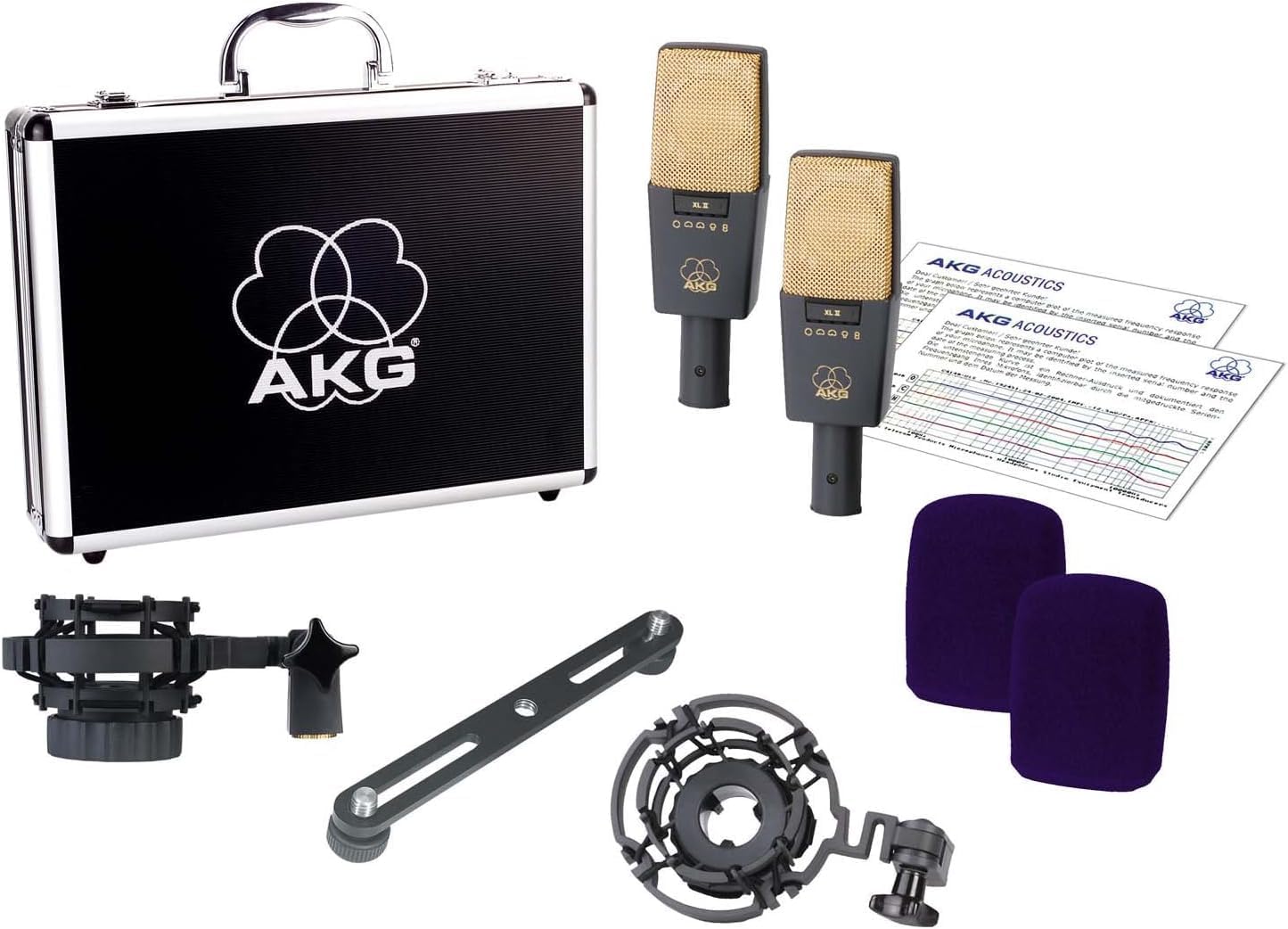 AKG Pro Audio C414 XLII Stereoset Large-Diaphragm, Vocal, Instrument Condenser Microphone, Multipattern, Live Sound or Studio, with Accessories, and Hard Case, Matched Pair. Black and Gold