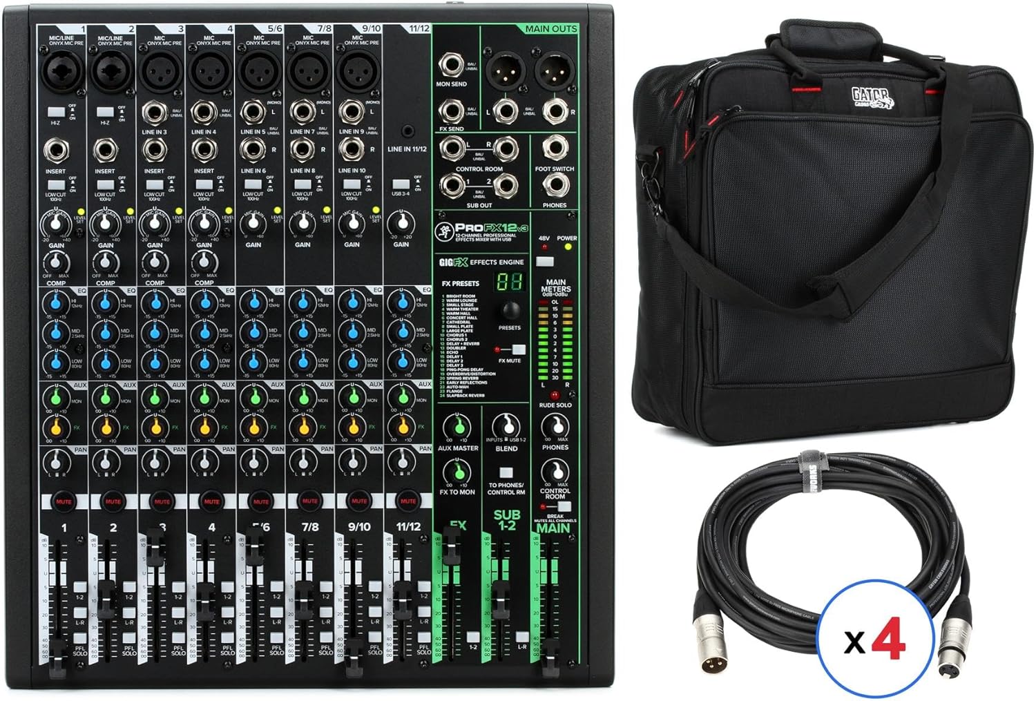 Mackie ProFX12v3 12-Channel Professional Mixer with Built-In Effects, USB Interface, Gig Carry Bag, and XLR Microphone Cables for Live Sound, Recording, Streaming, and Podcasting