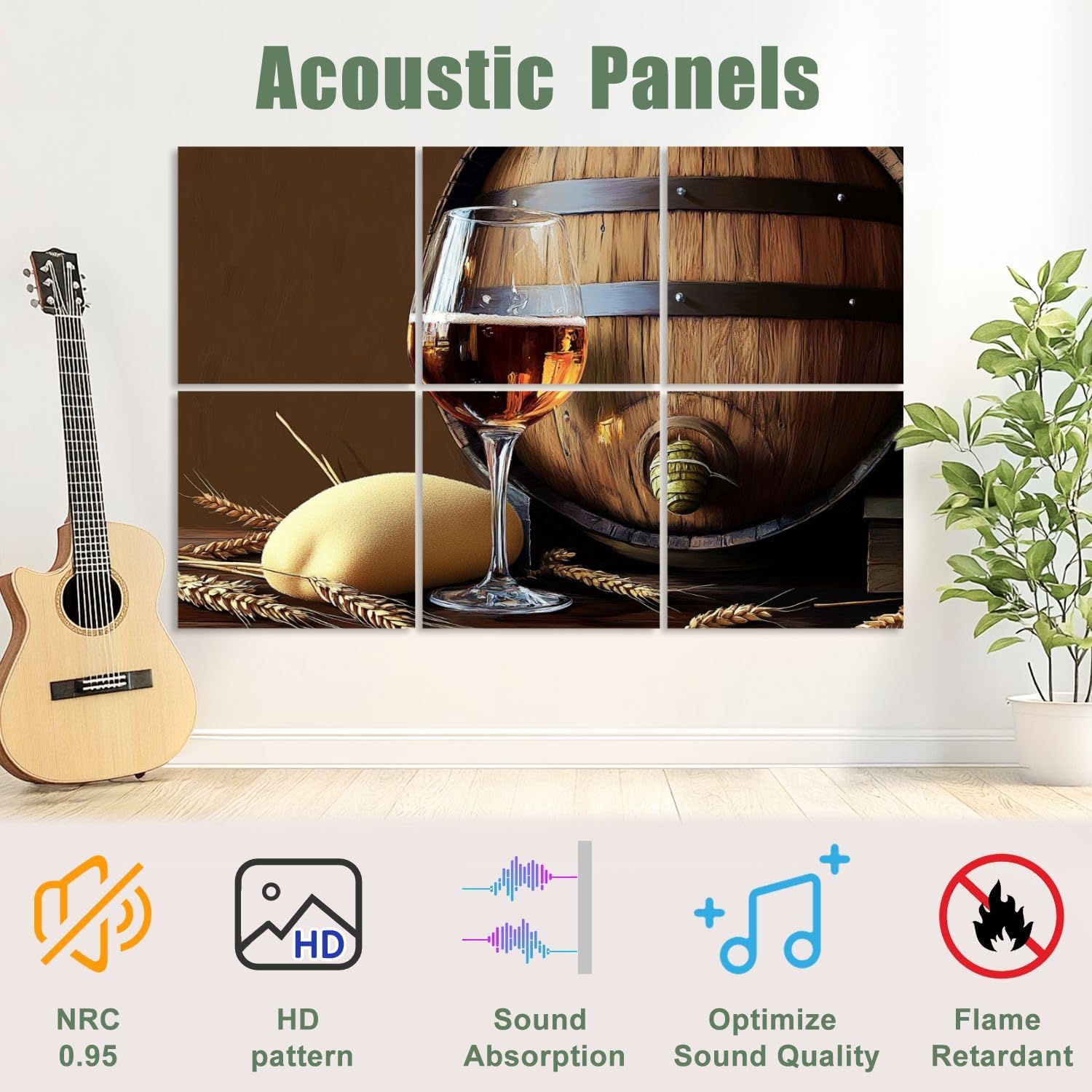 6 Pack Art Acoustic Panels Sound Absorbing Restoring Ancient Ways Still Life Wine Glass Barrel Wooden Wheat Decorative Soundproof Wall Panels Self Adhesive for Recording Studios Office 72
