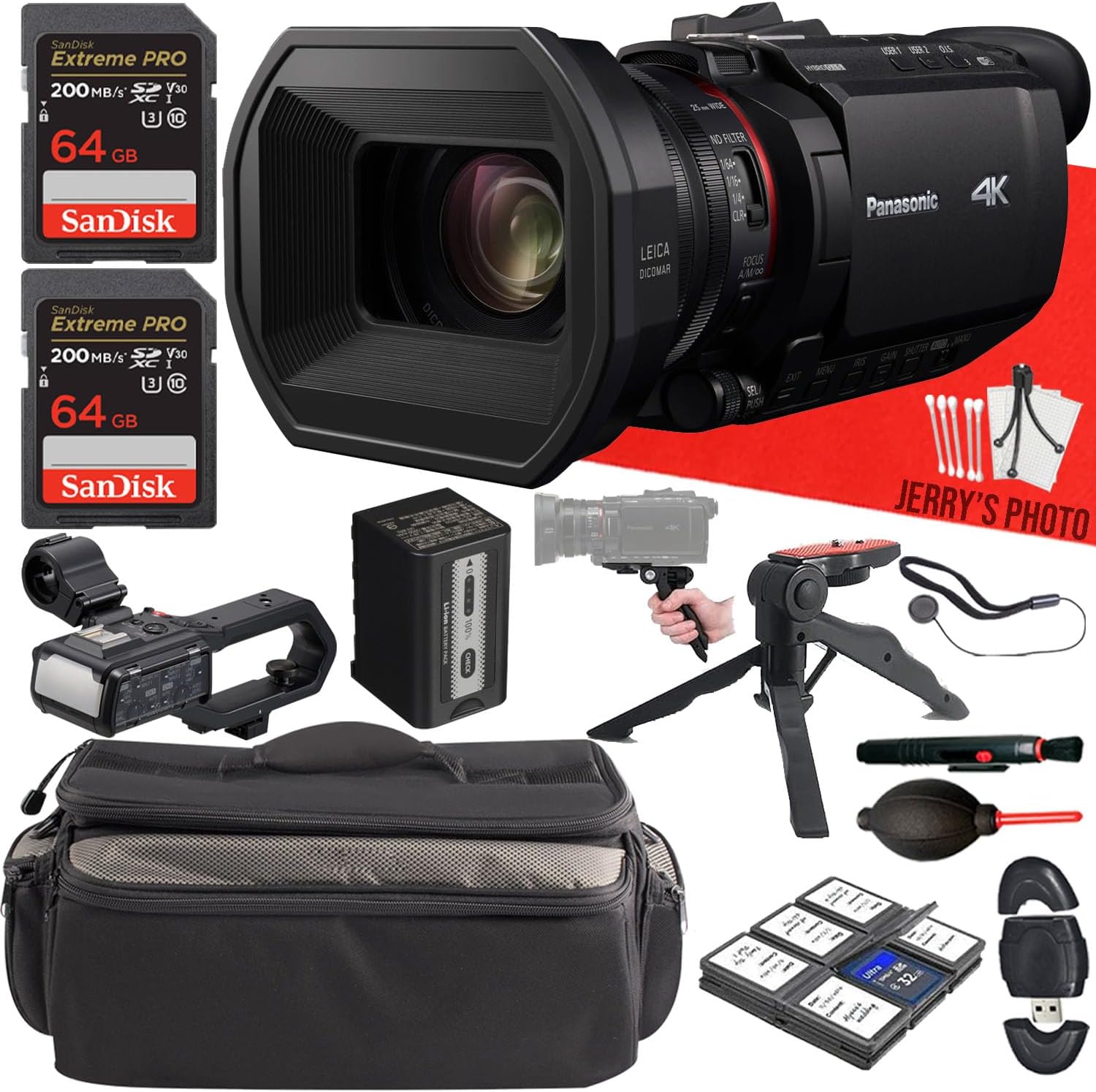 Panasonic HC-X2100 UHD 4K 3G-SDI/HDMI Pro Camcorder + 2PC 64 GB Memory + Handle Unit + Camera Carrying Case + Hand Grip Tripod + Deluxe Cleaning Kit + More (17pc Bundle)