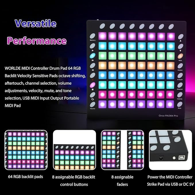 MIDI Pad Controller,64 RGB Backlight, 128 GM Sounds, 24 Function Buttons for Party and Stage Music Lovers,or Party Stage Live Performance