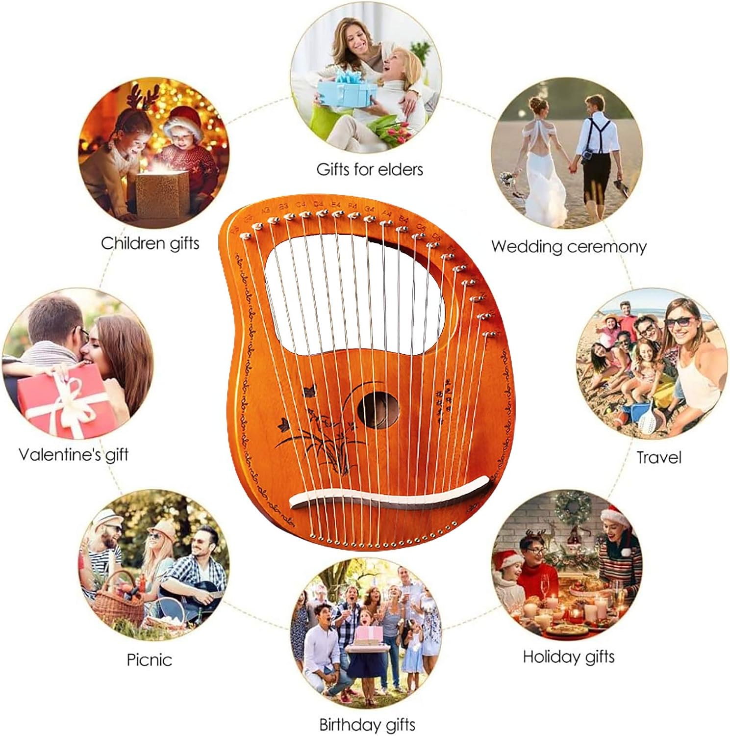 Lyre Harp 19 String Solid Wood String Instrument Heptachord Mahogany with Tuning Wrench, Picks and Bag, Best gift for Beginners Music Lovers (Color : C)